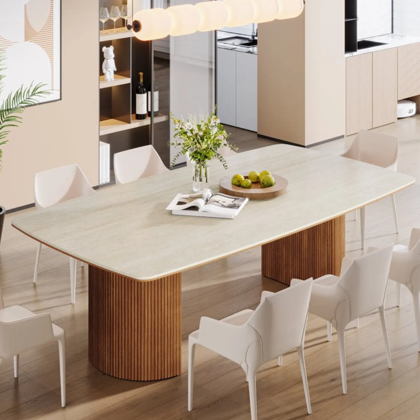 78.7" Travertine Slab Dining Table With Semi-Circular Stripe Base