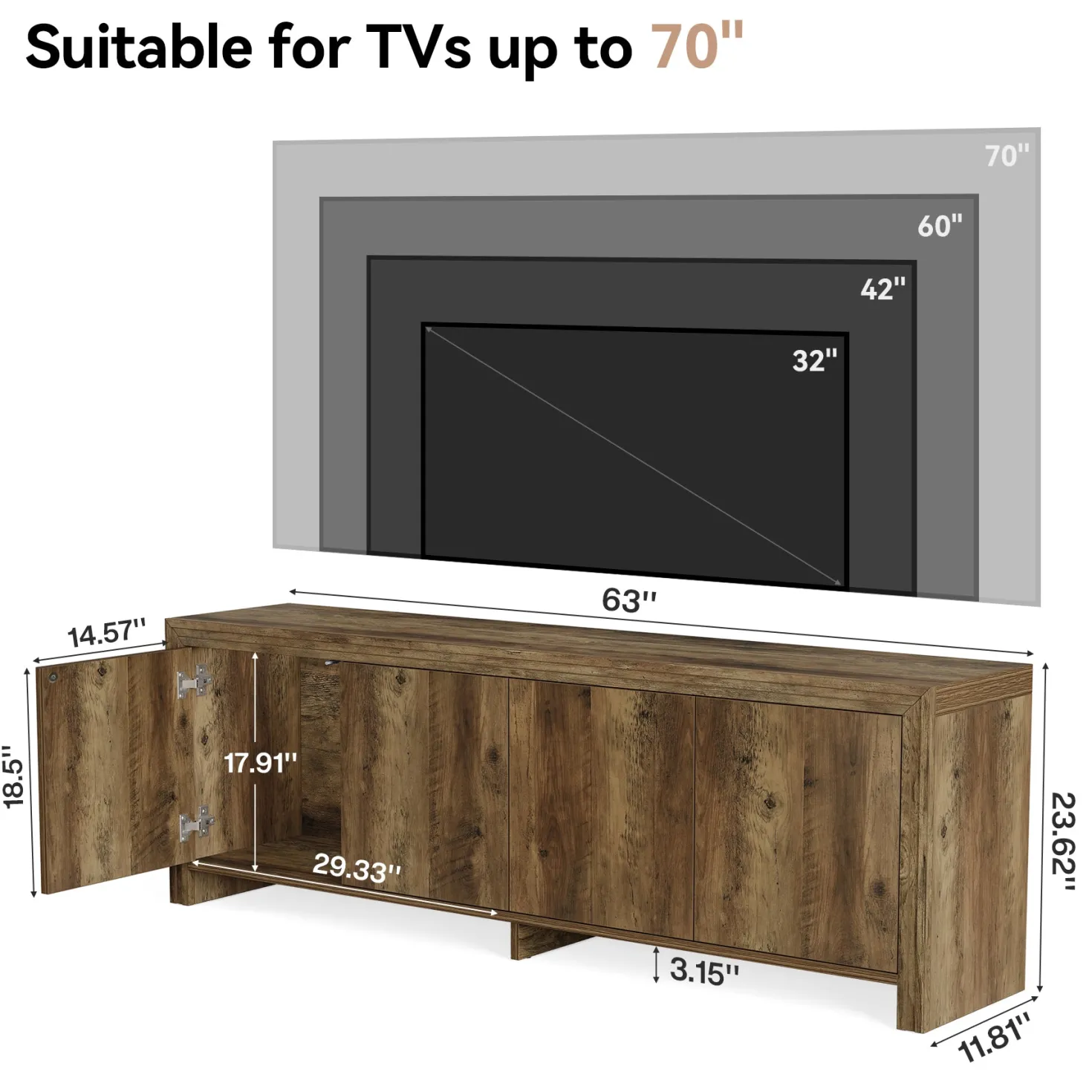 63" TV Stand, Entertainment Center with Storage Cabinet for TVs Up to 70"