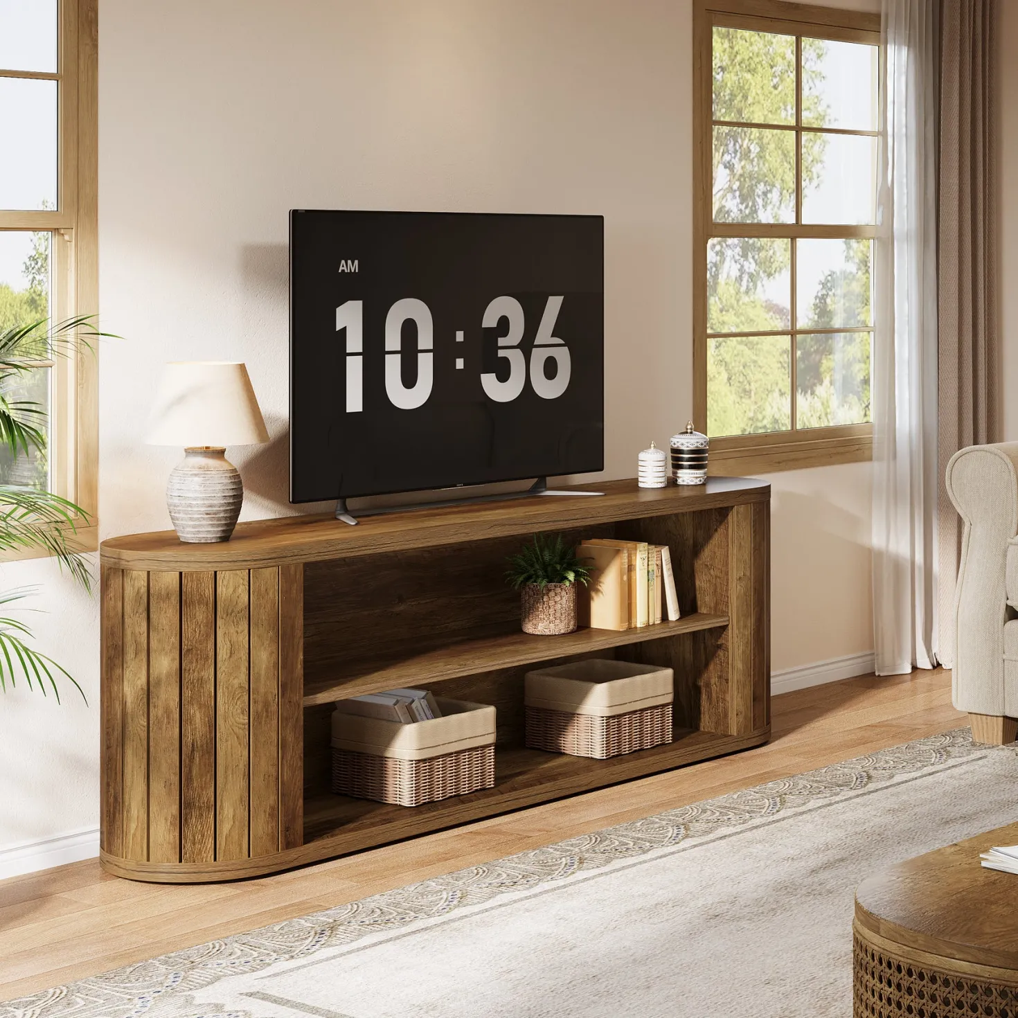63" TV Stand, Farmhouse Entertainment Center with 3-Tier Storage Shelf