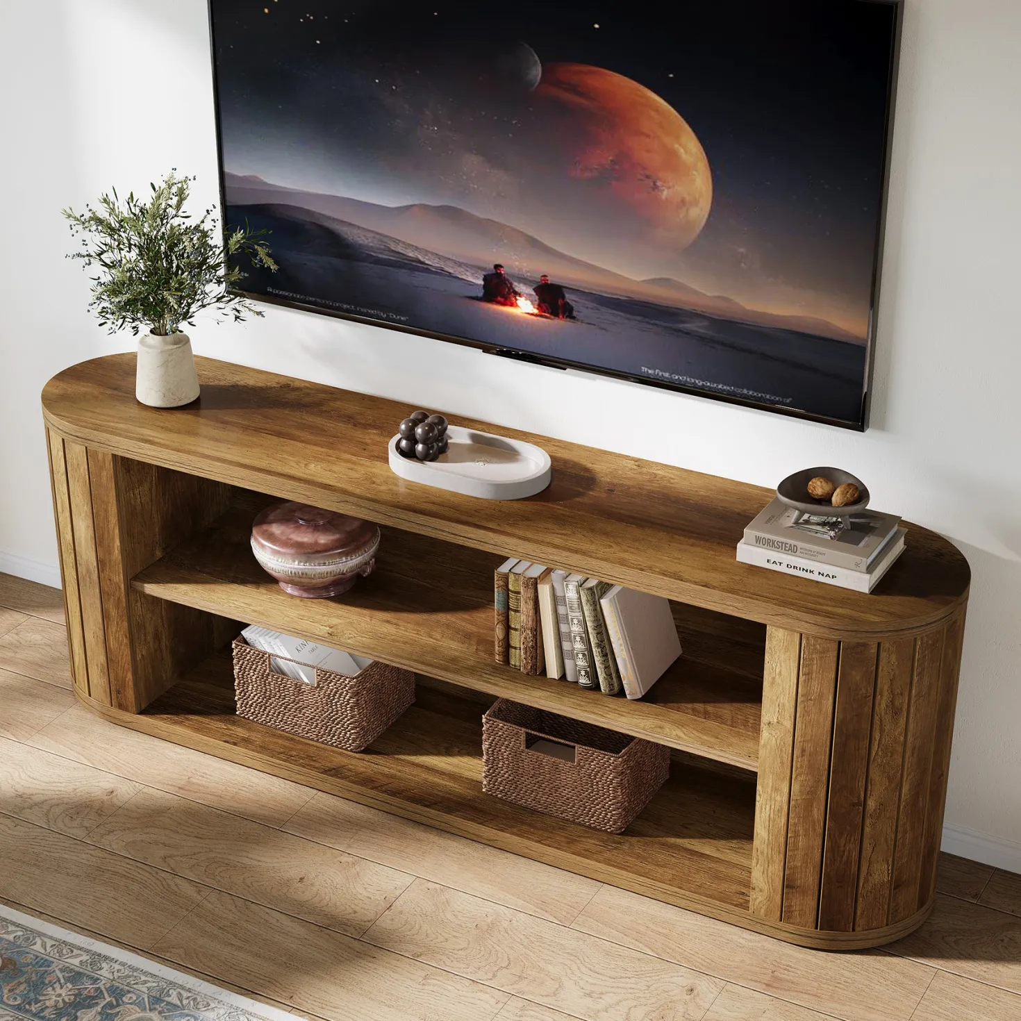 63" TV Stand, Farmhouse Entertainment Center with 3-Tier Storage Shelf