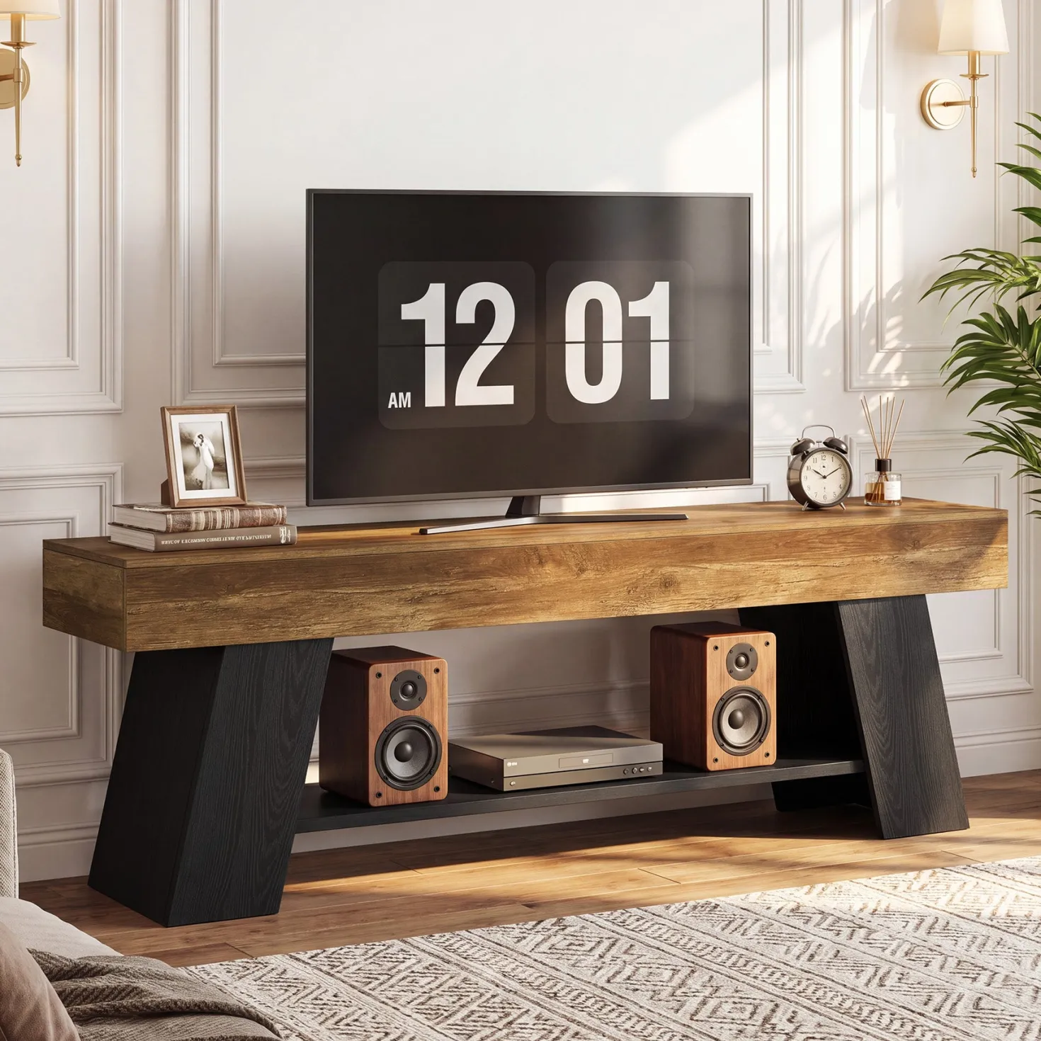 63" TV Stand for 55/65/70 Inch TVs, Industrial Media Console with Open Storage Shelf