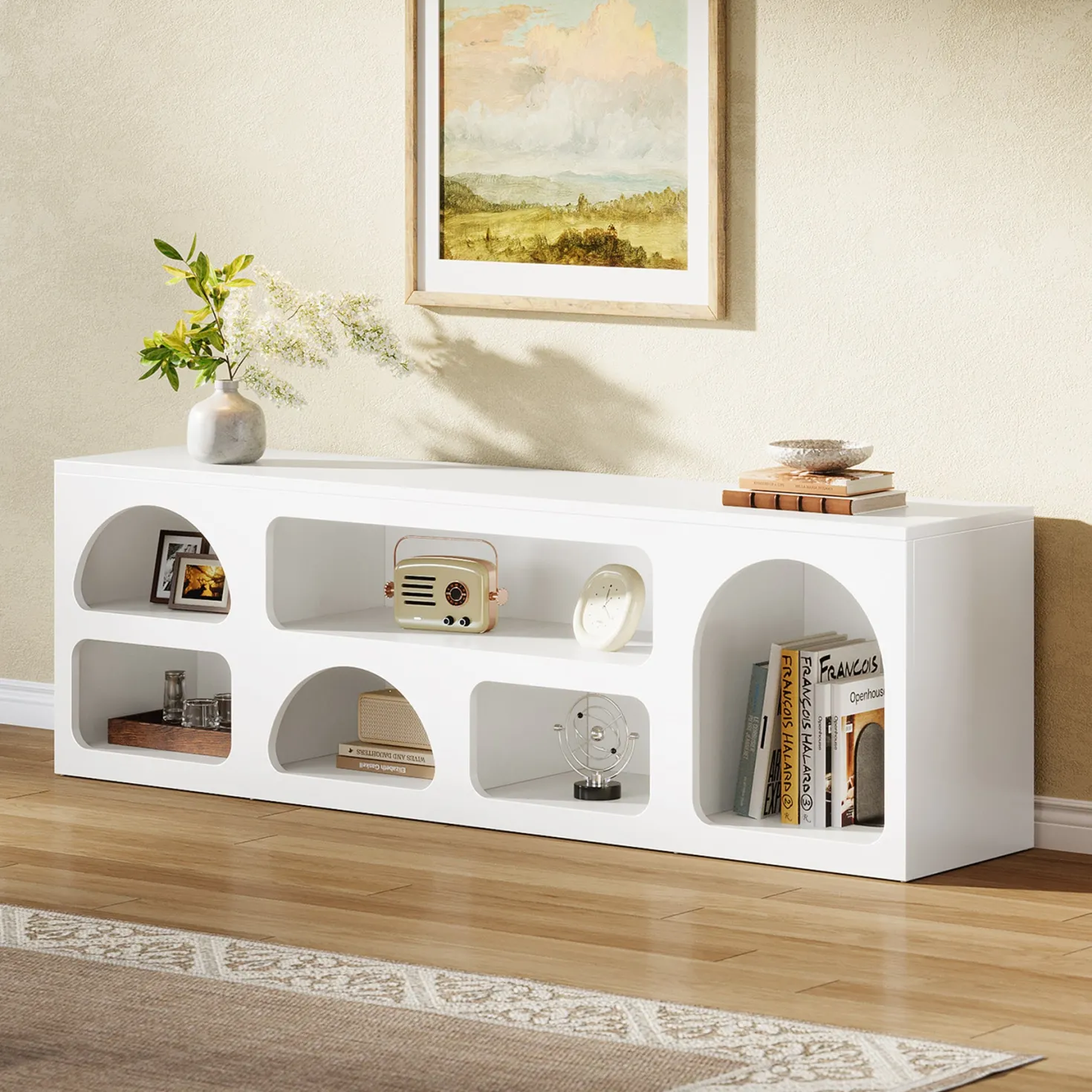 63" TV Stand for 60 to 70 Inch TVs, Modern White Media Console with 6 Open Shelves