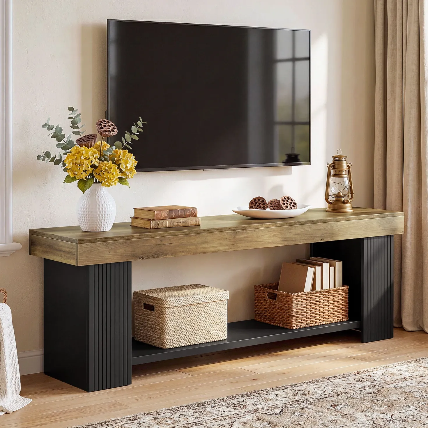 71" TV Stand for 70/75/80" TVs, Farmhouse Entertainment Center with Open Shelf