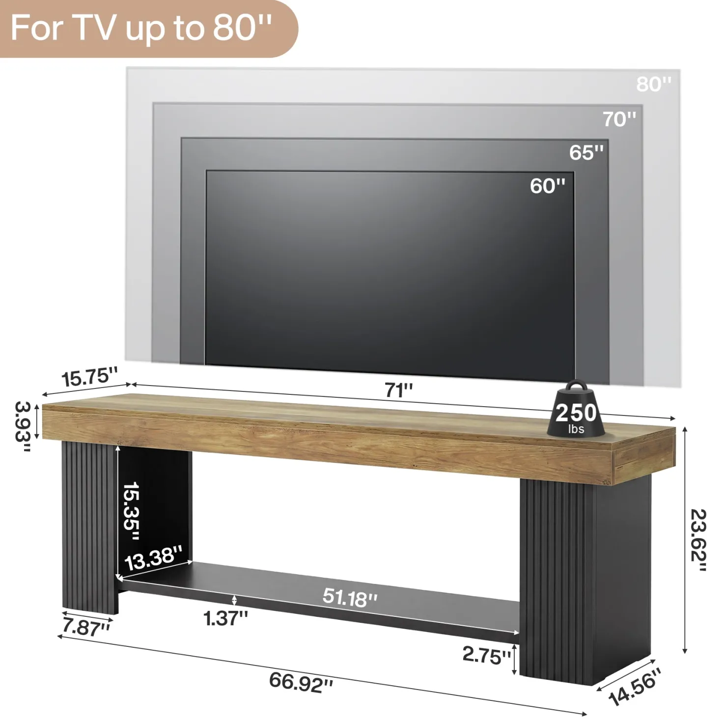 71" TV Stand for 70/75/80" TVs, Farmhouse Entertainment Center with Open Shelf