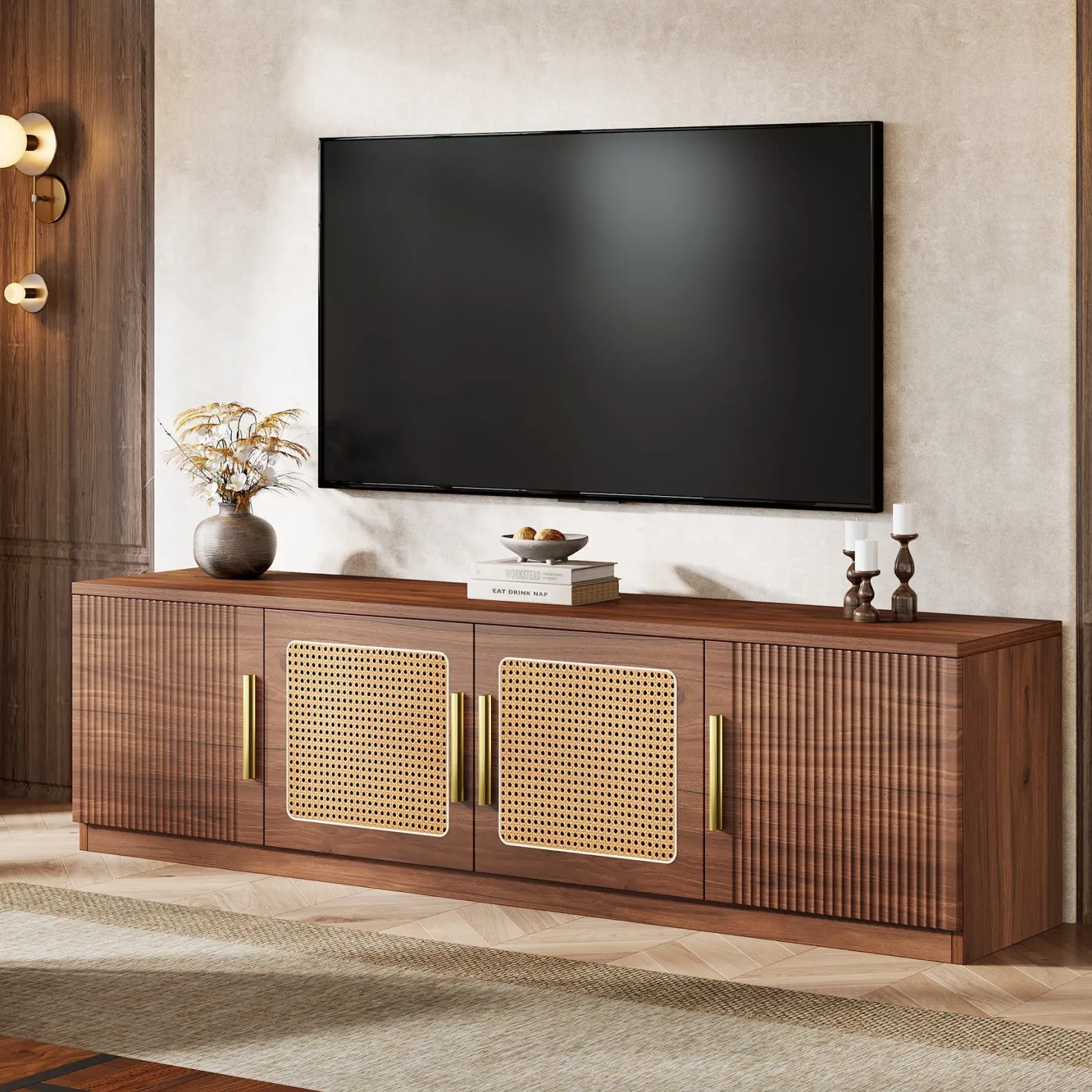 70.9" TV Stand, Mid Century Entertainment Center with 6-Tier Storage Shelf