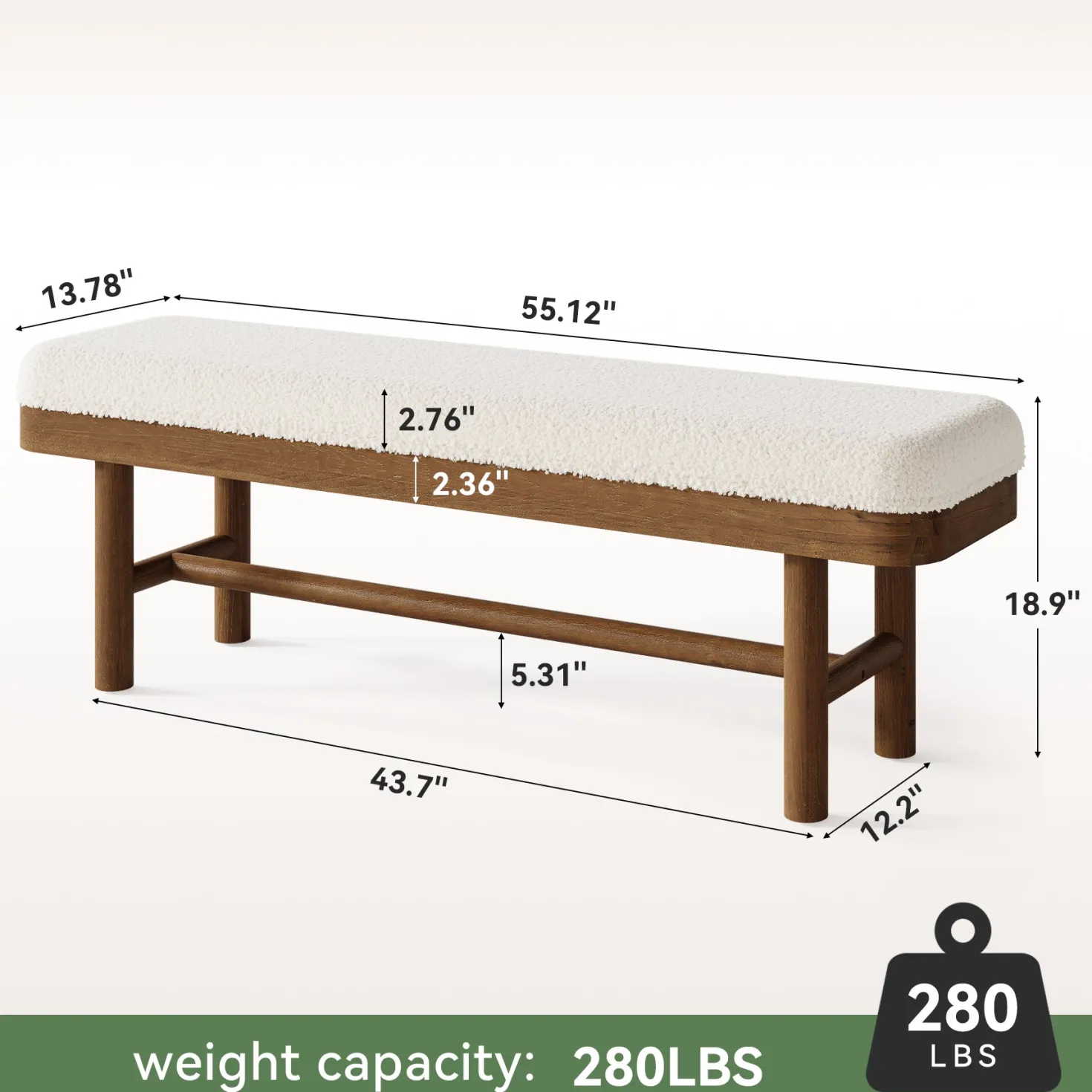 55" Upholstered Bedroom Bench, End of Bed Bench with Solid Wood Frame & Cushion