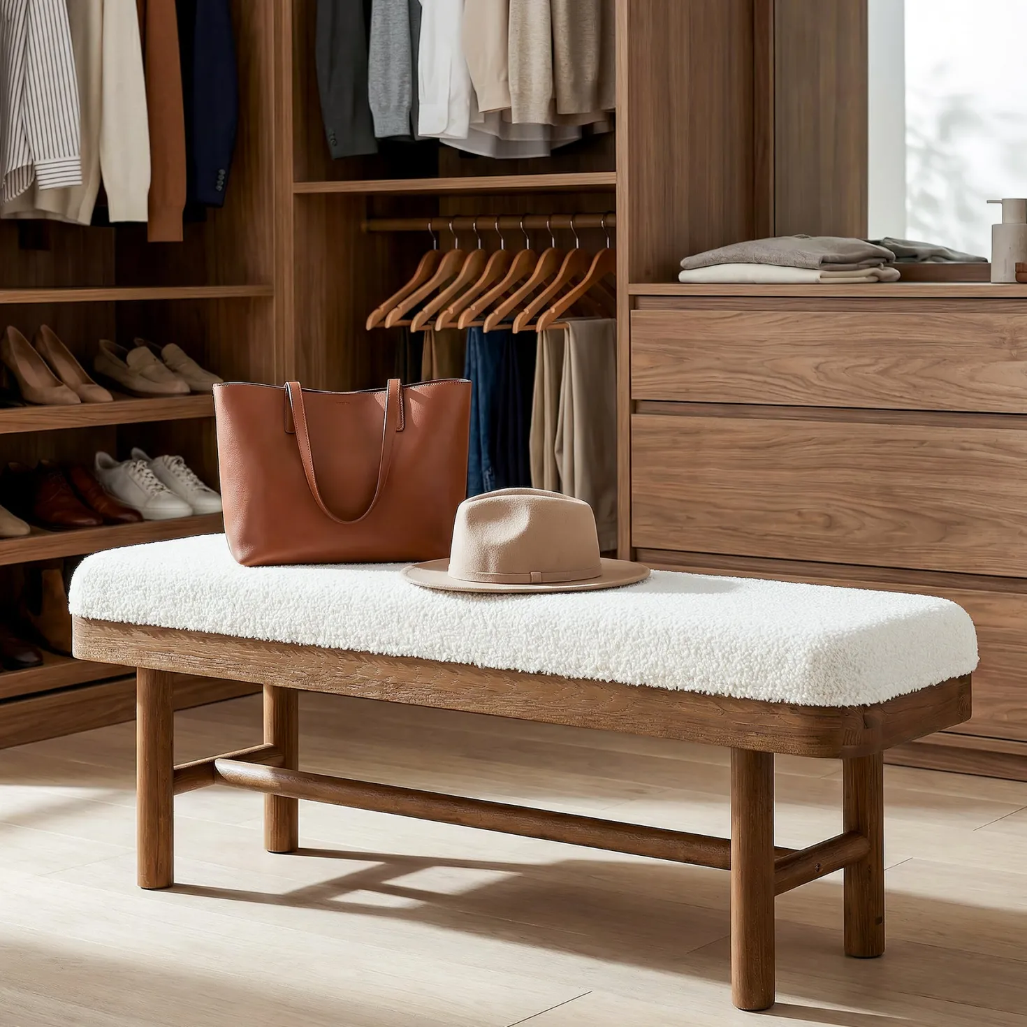 55" Upholstered Bedroom Bench, End of Bed Bench with Solid Wood Frame & Cushion