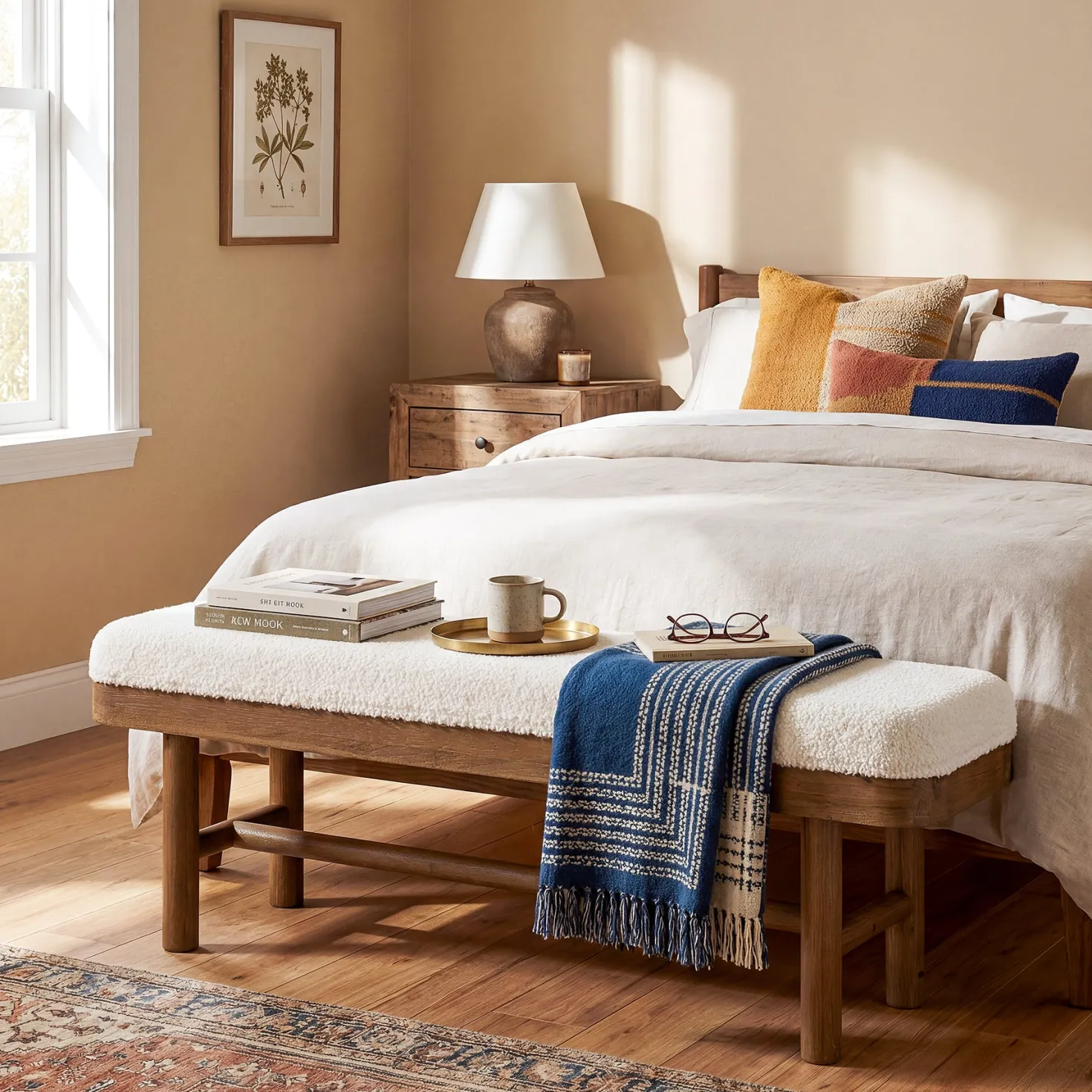 55" Upholstered Bedroom Bench, End of Bed Bench with Solid Wood Frame & Cushion
