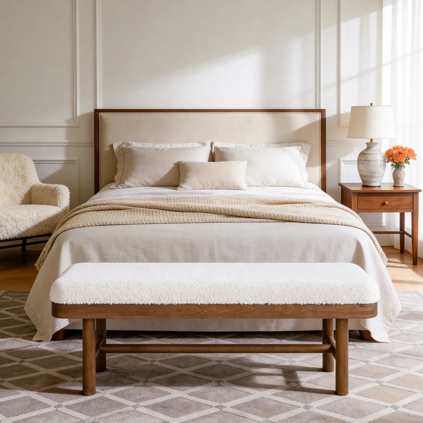 55" Upholstered Bedroom Bench, End of Bed Bench with Solid Wood Frame & Cushion
