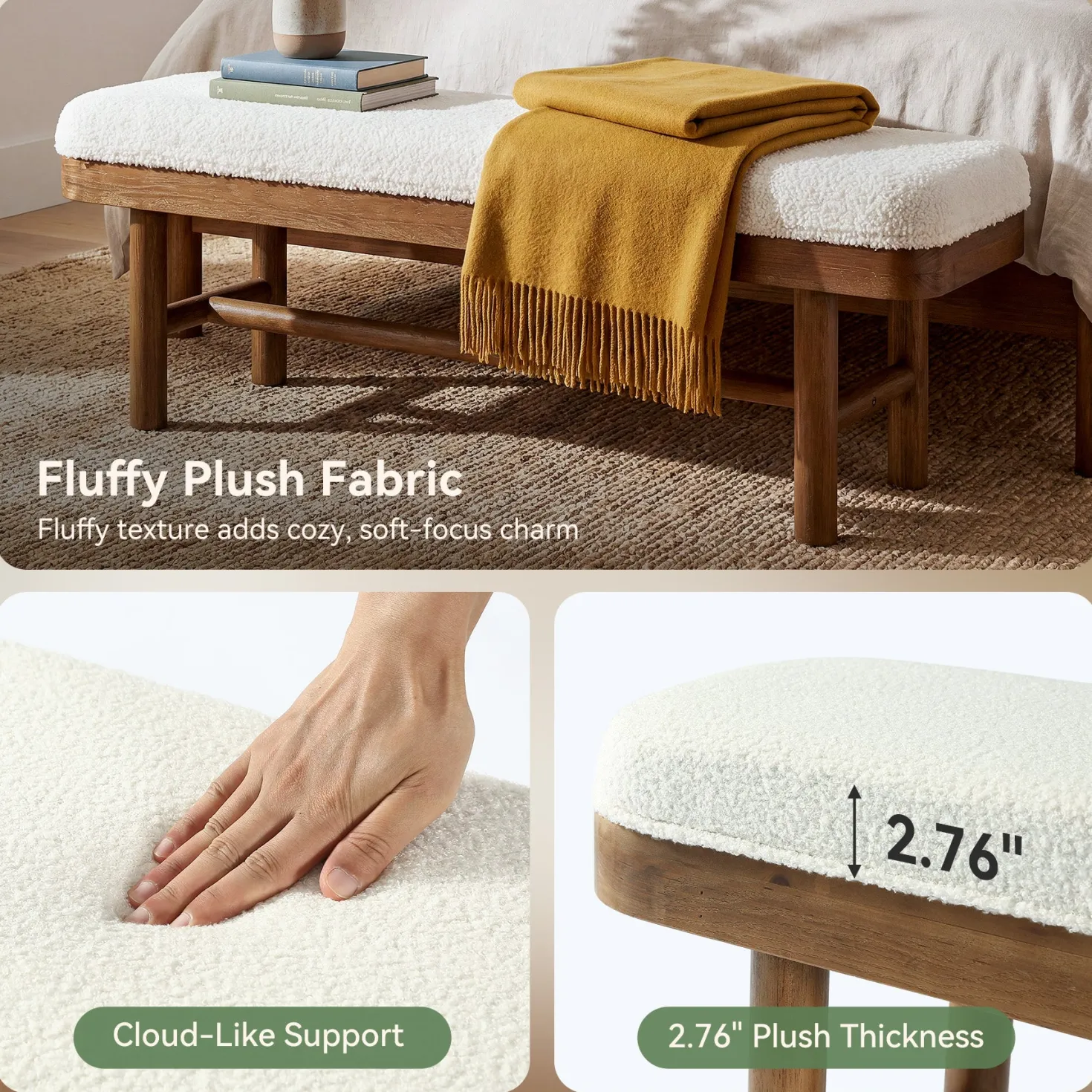 55" Upholstered Bedroom Bench, End of Bed Bench with Solid Wood Frame & Cushion