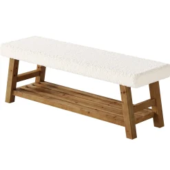 55" Upholstered Dining Bench, 2-Tier Solid Wood Kitchen Table Bench with Cushion
