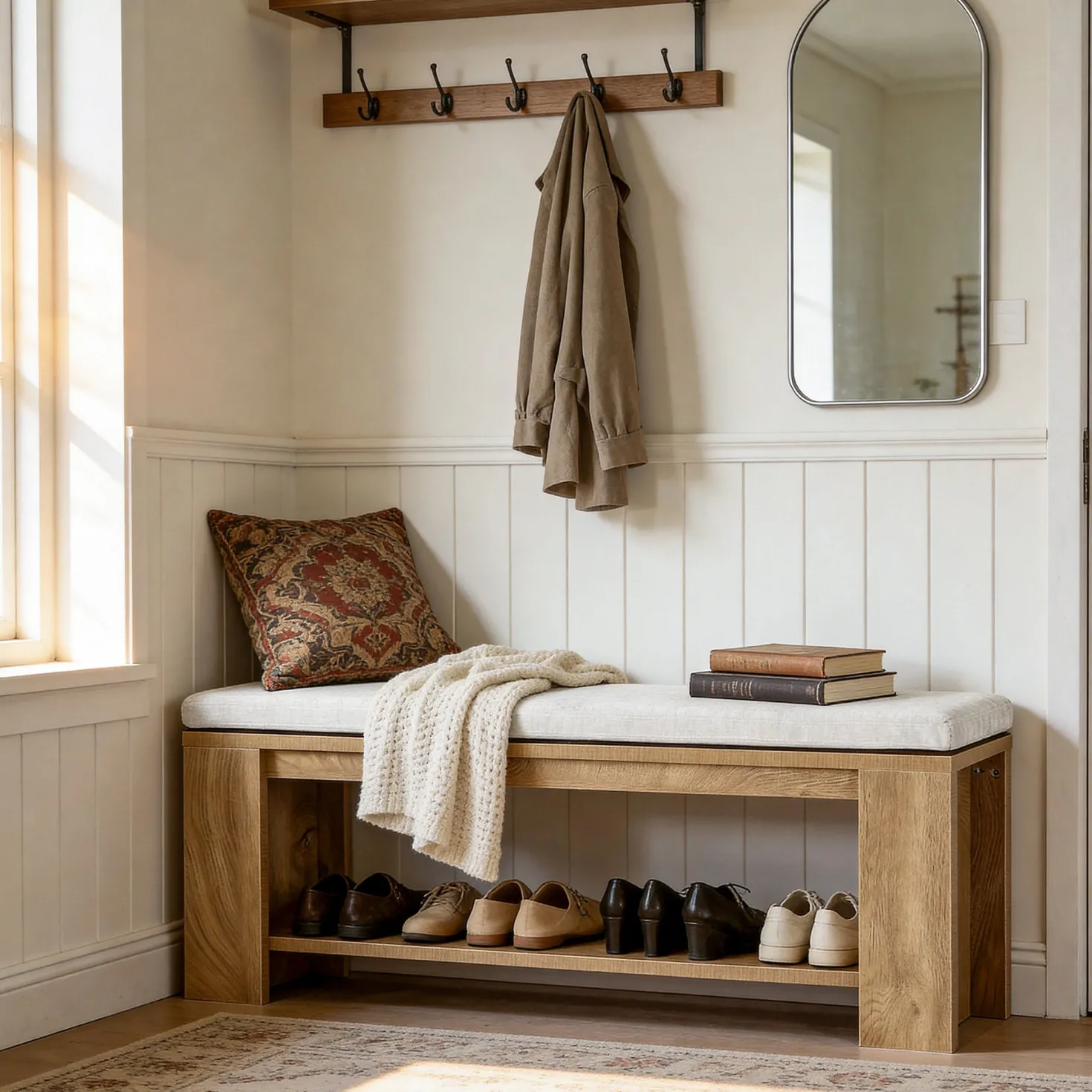 47" Upholstered Entryway Bench, Indoor End of Bed Bench with Padded Seat