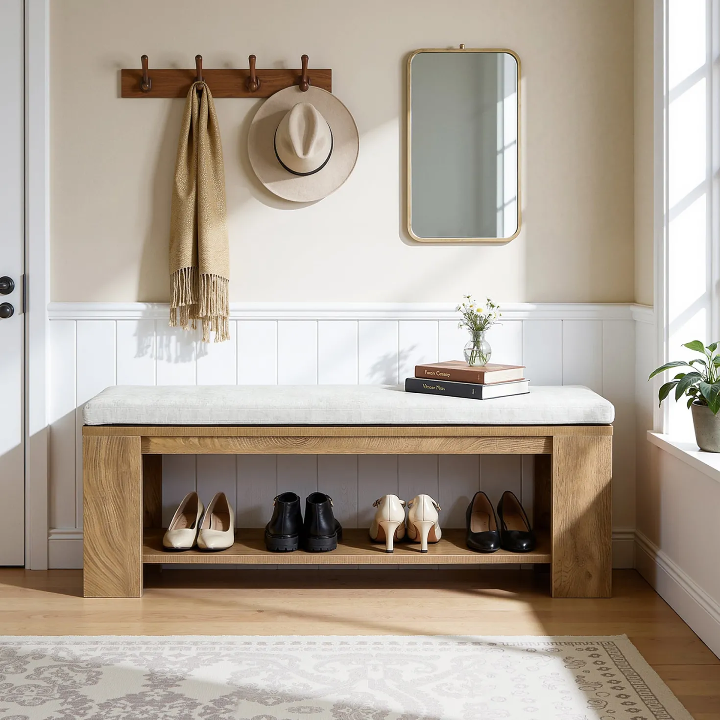 47" Upholstered Entryway Bench, Indoor End of Bed Bench with Padded Seat