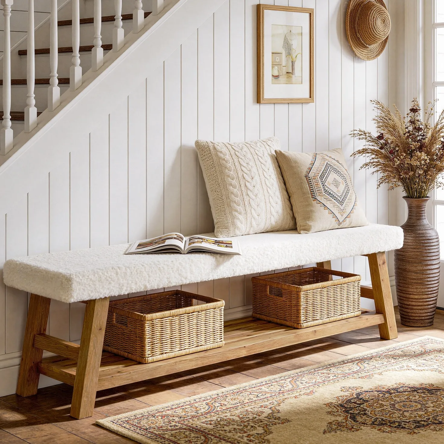 55" Upholstered Entryway Bench, 2-Tier Shoe Bench with Solid Wood Frame
