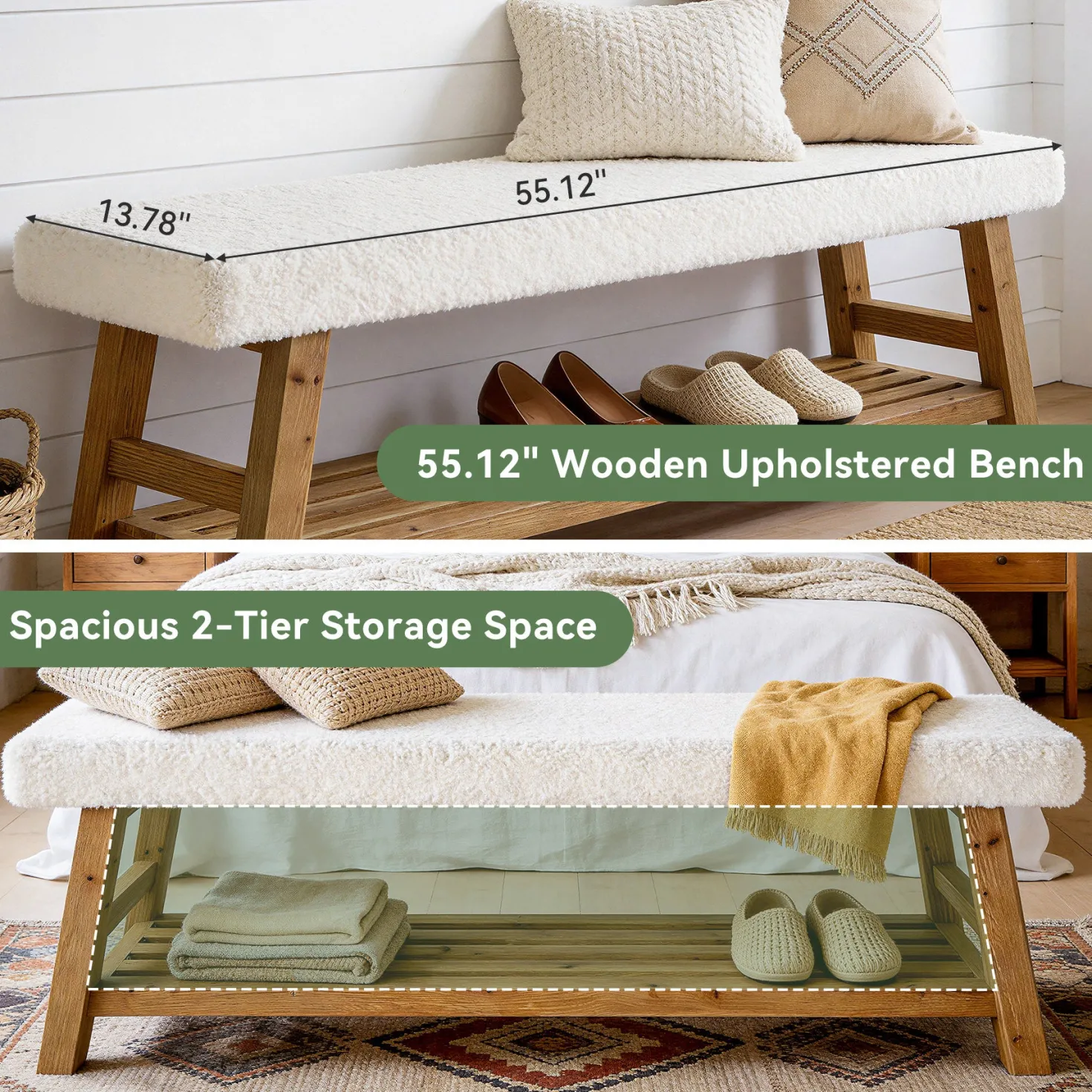 55" Upholstered Entryway Bench, 2-Tier Shoe Bench with Solid Wood Frame