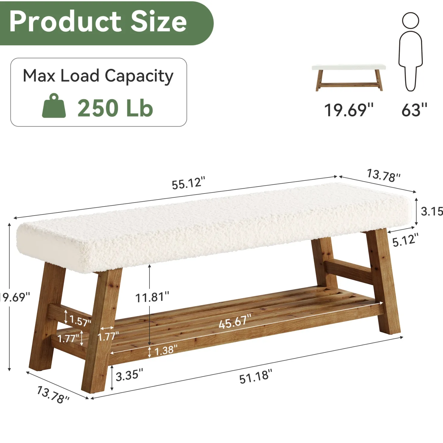 55" Upholstered Entryway Bench, 2-Tier Shoe Bench with Solid Wood Frame