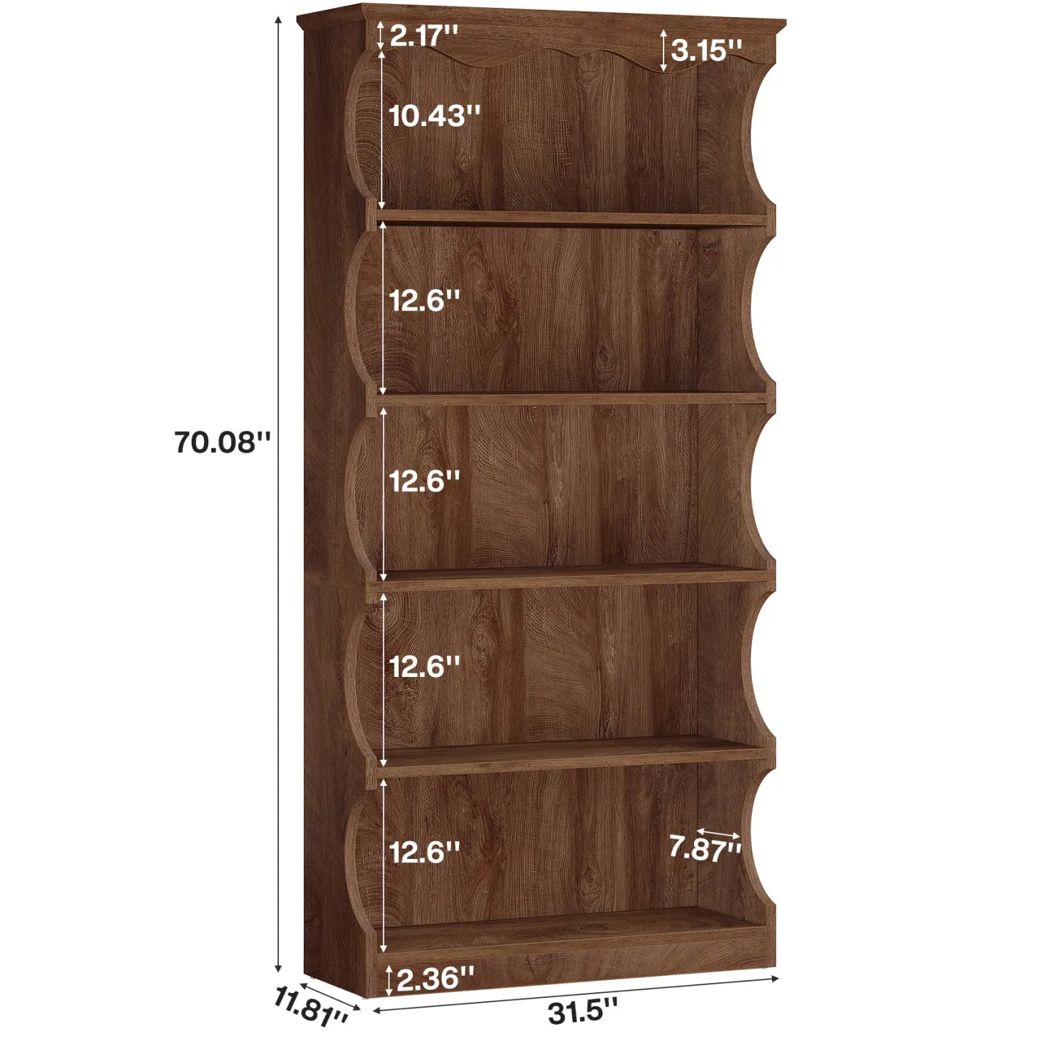 70" Vintage Bookcase, 5-Tier Bookshelf Display Shelves with Unique Curved-Edge Design