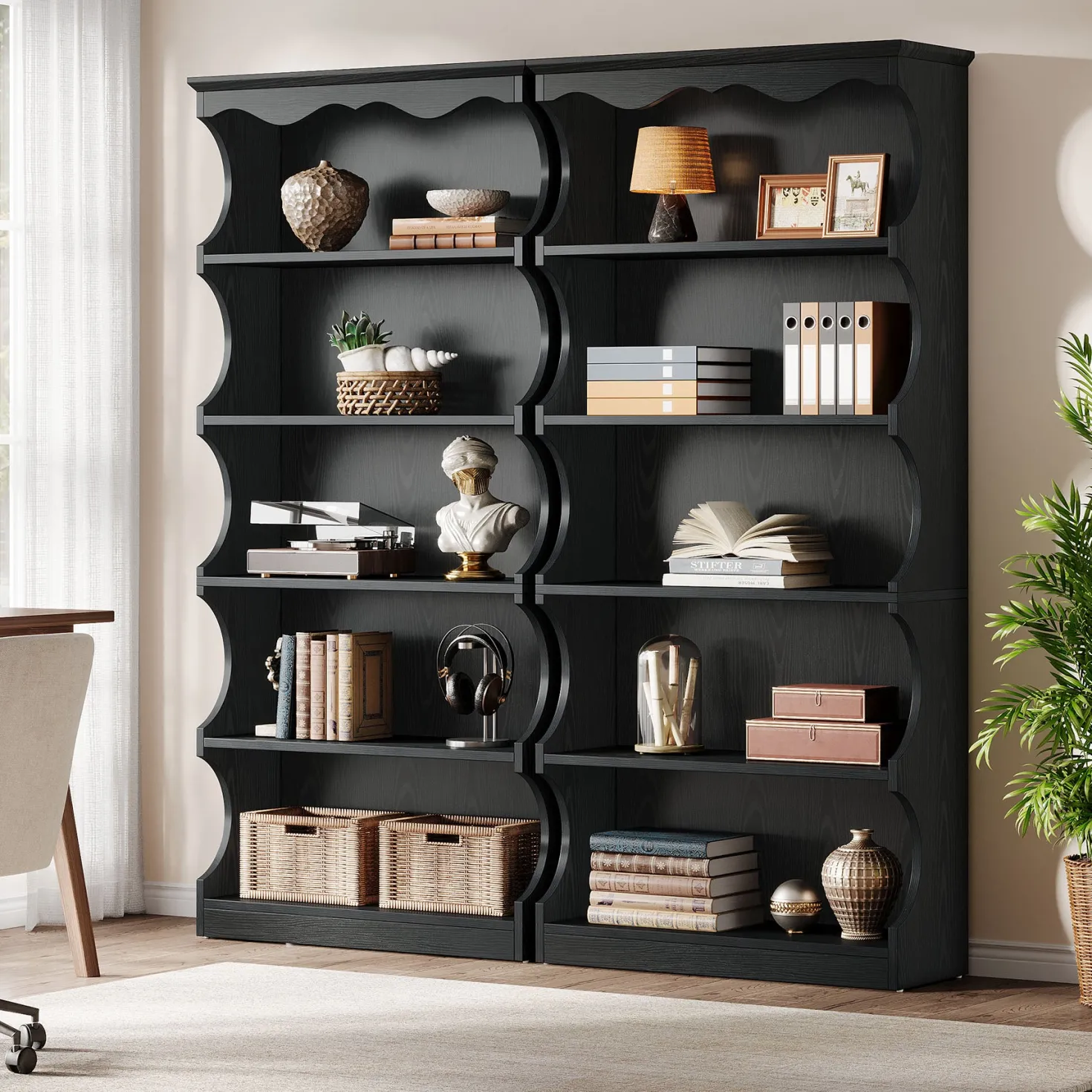 70" Vintage Bookcase, 5-Tier Bookshelf Display Shelves with Unique Curved-Edge Design