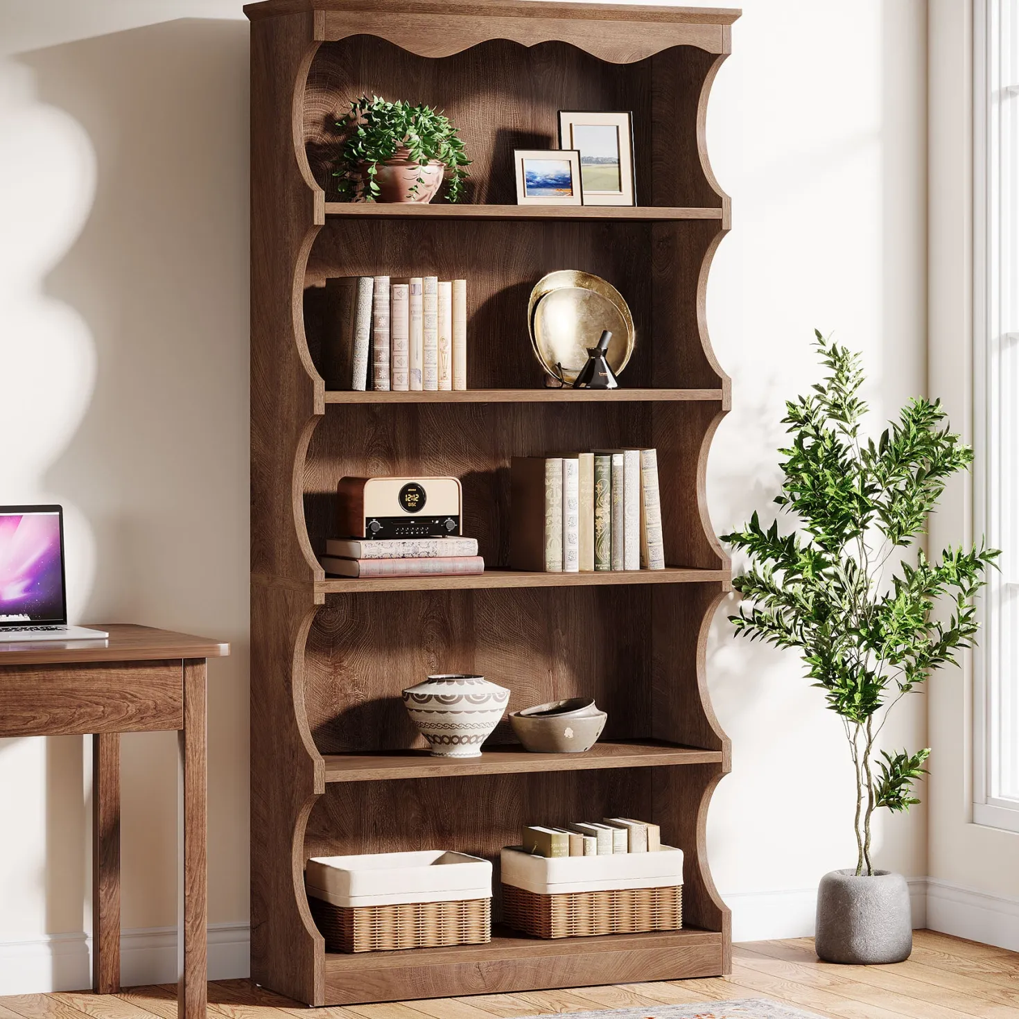 70" Vintage Bookcase, 5-Tier Bookshelf Display Shelves with Unique Curved-Edge Design