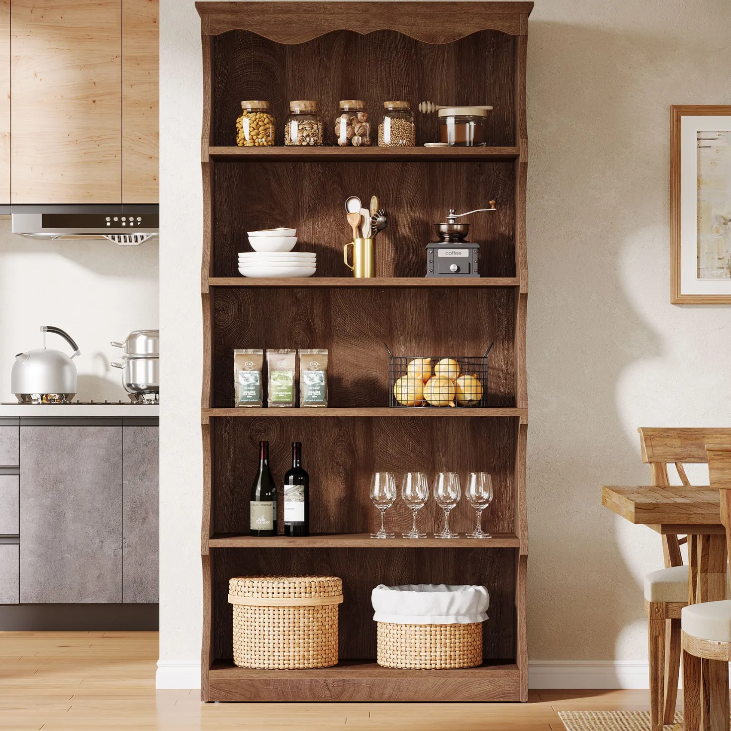 70" Vintage Bookcase, 5-Tier Bookshelf Display Shelves with Unique Curved-Edge Design