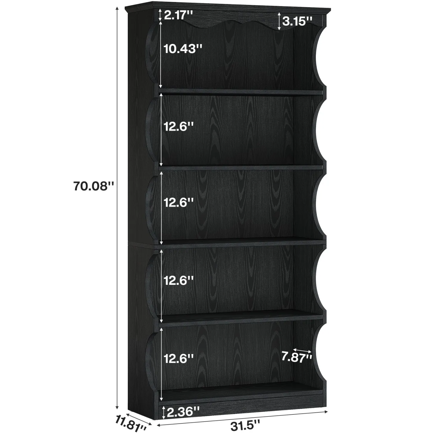 70" Vintage Bookcase, 5-Tier Bookshelf Display Shelves with Unique Curved-Edge Design