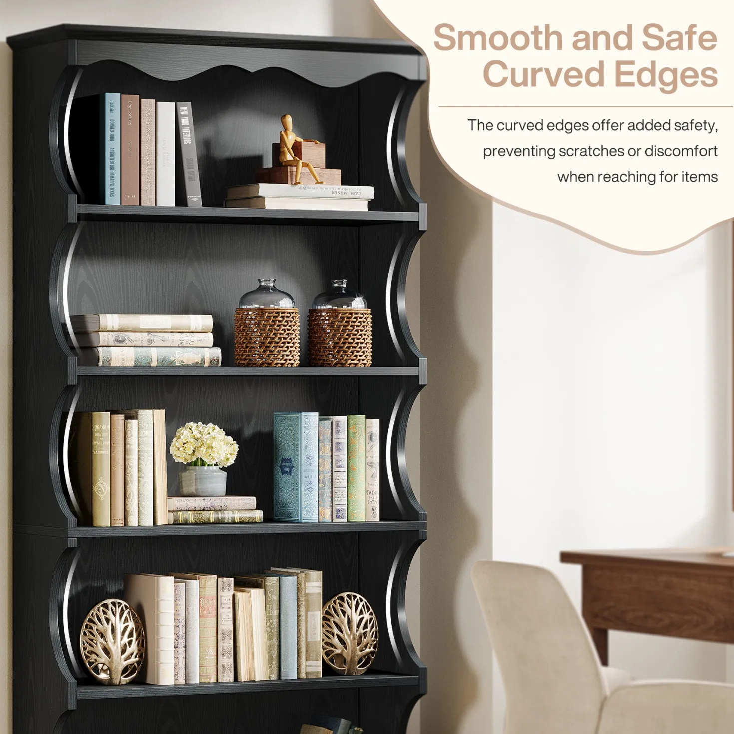70" Vintage Bookcase, 5-Tier Bookshelf Display Shelves with Unique Curved-Edge Design