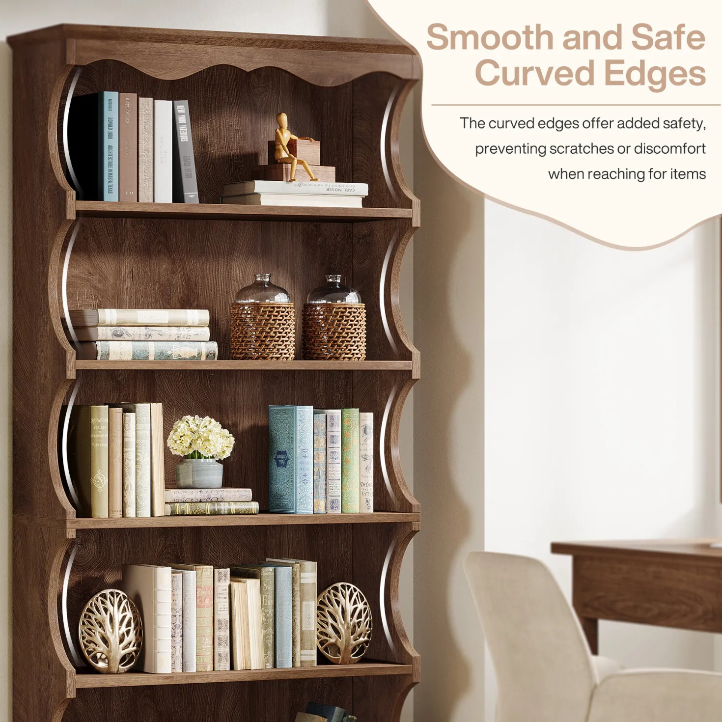70" Vintage Bookcase, 5-Tier Bookshelf Display Shelves with Unique Curved-Edge Design