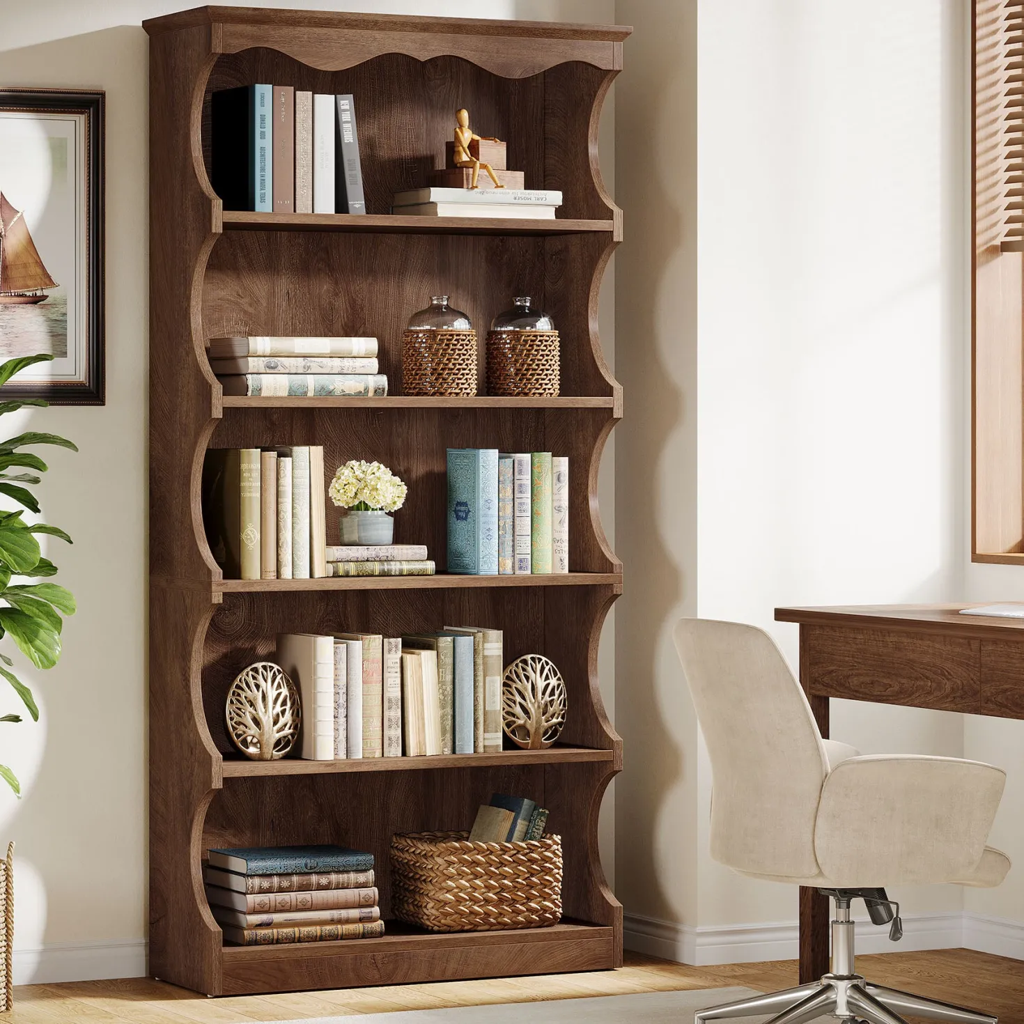 70" Vintage Bookcase, 5-Tier Bookshelf Display Shelves with Unique Curved-Edge Design