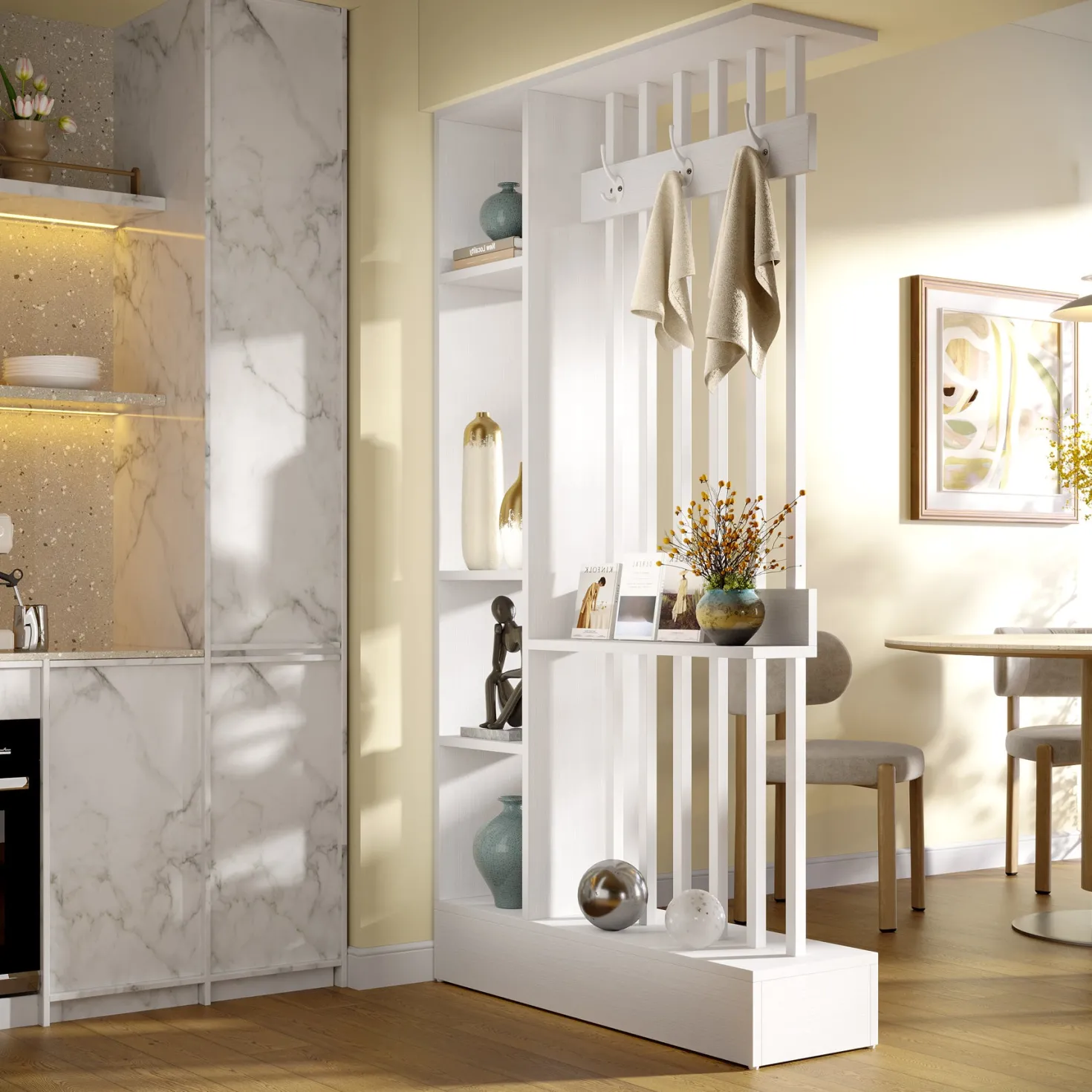 71" Wall Room Divider, Wood Freestanding Wall Partition Bookcase with Coat Hooks