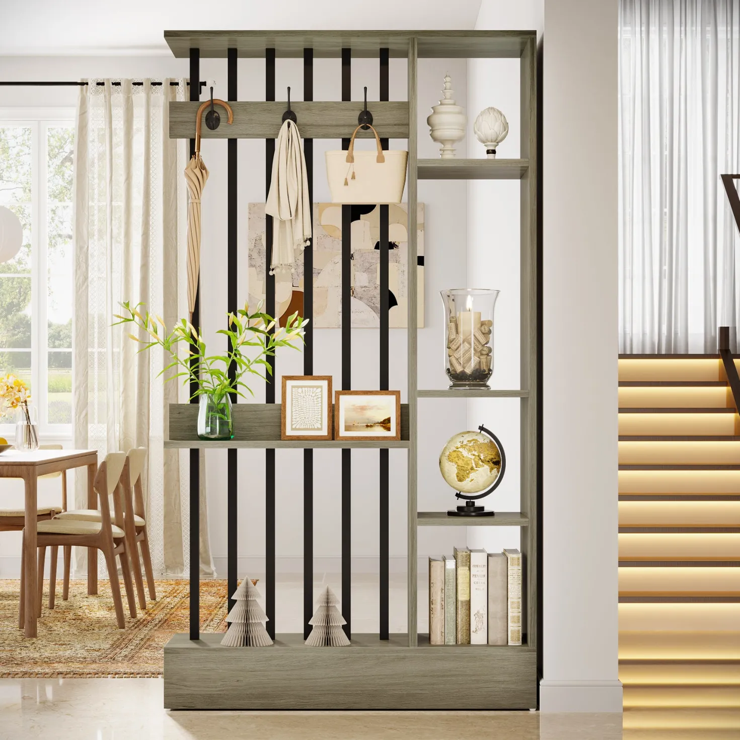 71" Wall Room Divider, Wood Freestanding Wall Partition Bookcase with Coat Hooks