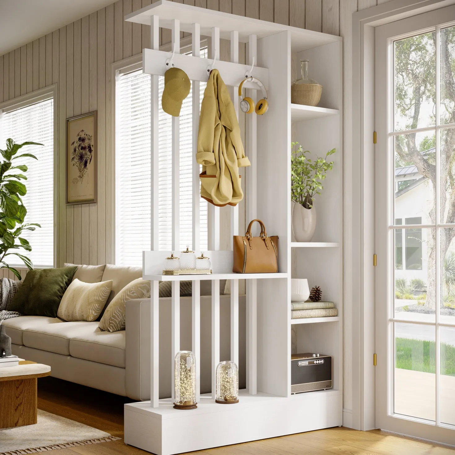 71" Wall Room Divider, Wood Freestanding Wall Partition Bookcase with Coat Hooks
