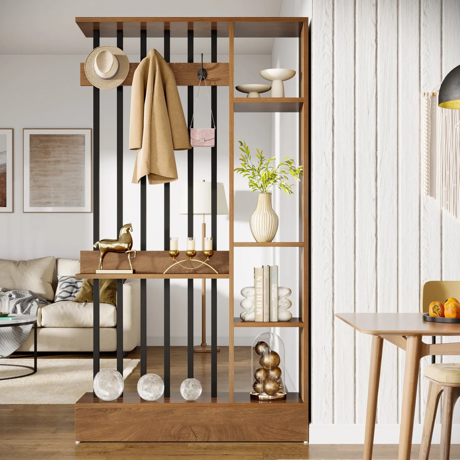 71" Wall Room Divider, Wood Freestanding Wall Partition Bookcase with Coat Hooks
