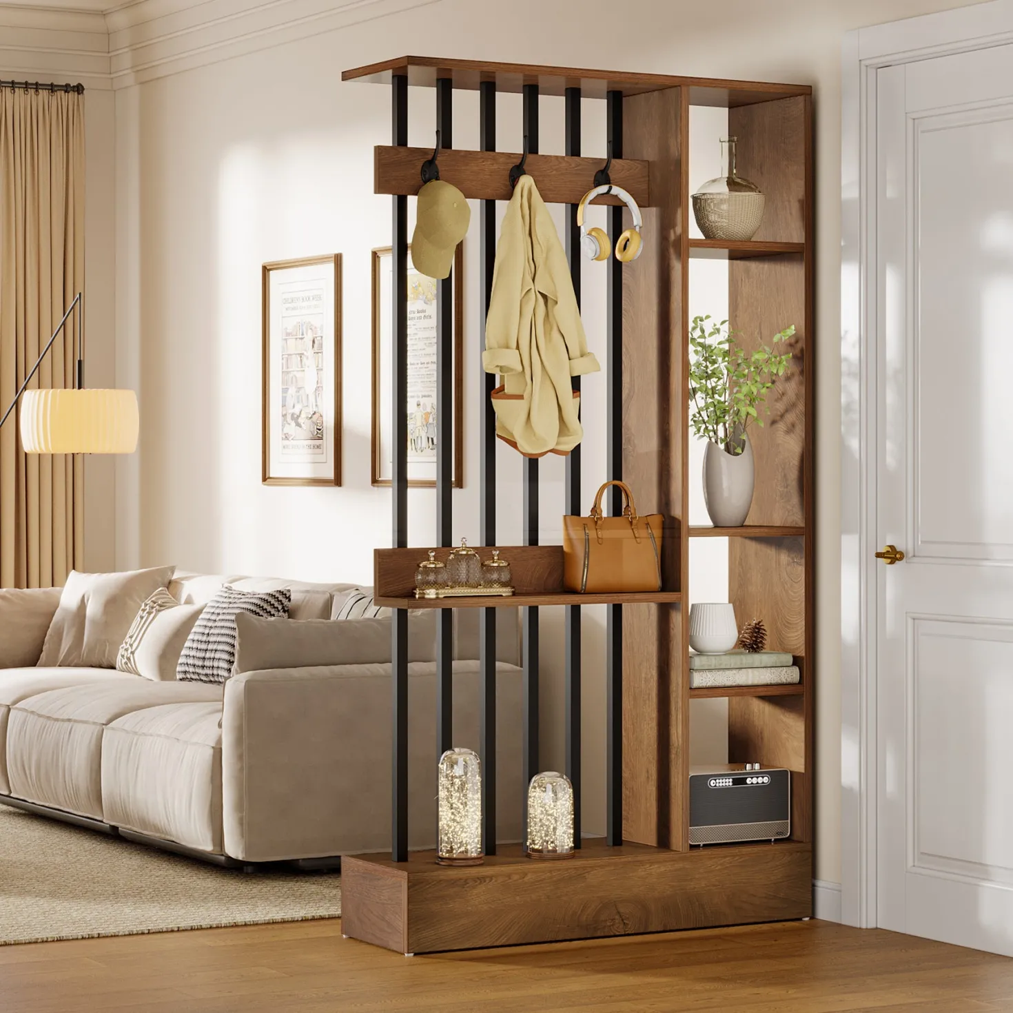 71" Wall Room Divider, Wood Freestanding Wall Partition Bookcase with Coat Hooks