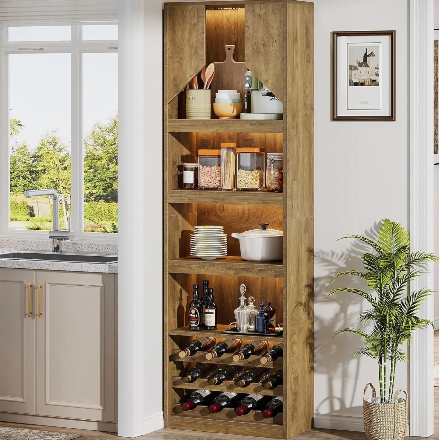 86.6" Wine Bar Cabinet, Farmhouse Home Bar Liquor Cabinet with with Stripe Light