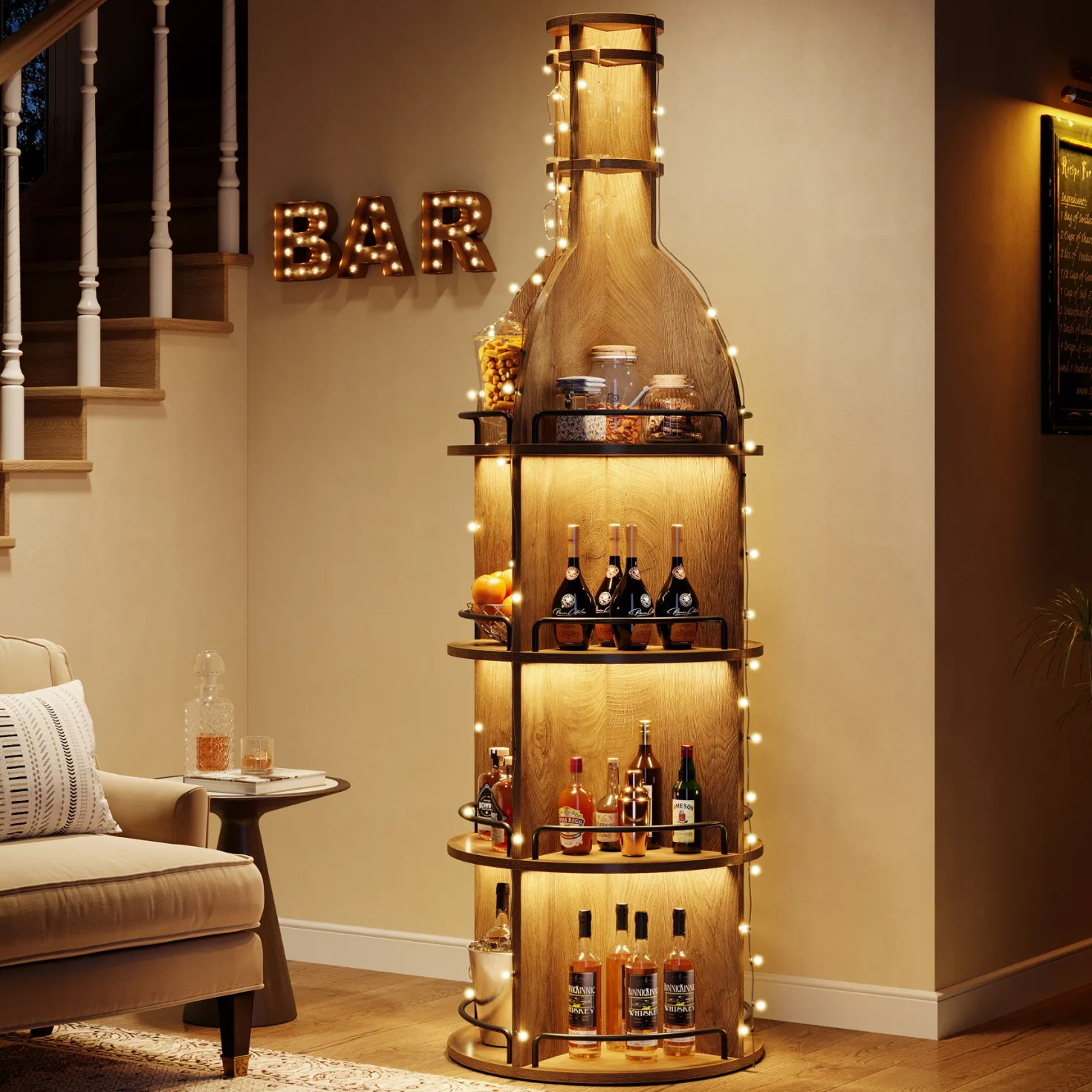 75" Wine Rack with Shelves, Round Wine Cabinet with Hanging Goblet Holder (No Lights)