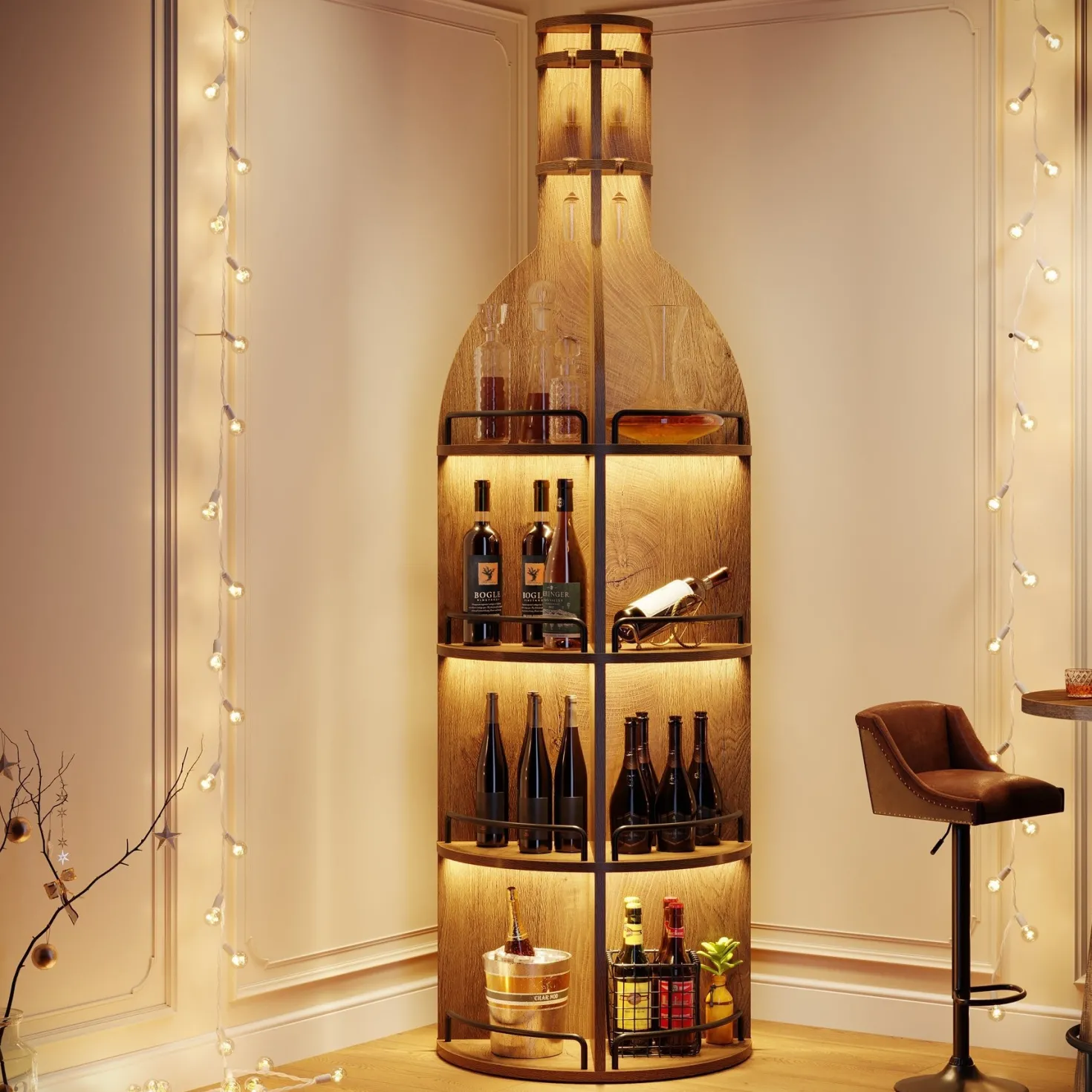 75" Wine Rack with Shelves, Round Wine Cabinet with Hanging Goblet Holder (No Lights)
