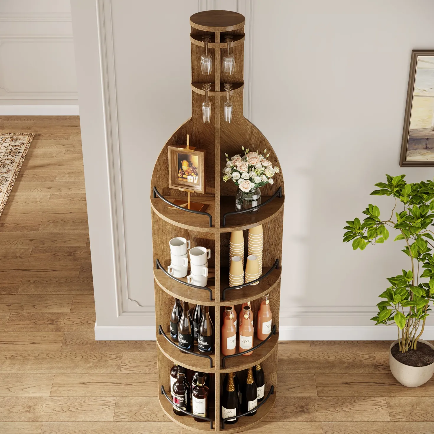 75" Wine Rack with Shelves, Round Wine Cabinet with Hanging Goblet Holder (No Lights)