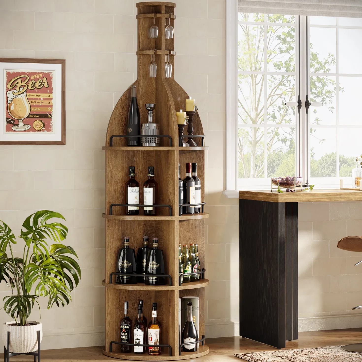 75" Wine Rack with Shelves, Round Wine Cabinet with Hanging Goblet Holder (No Lights)