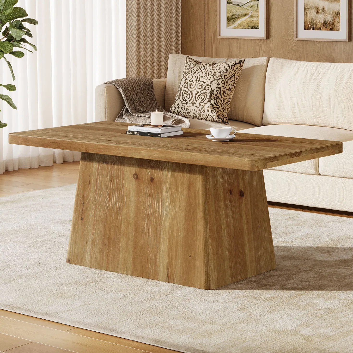 47" Wood Coffee Table, Farmhouse Center Table Tea Table with Sturdy Pedestal
