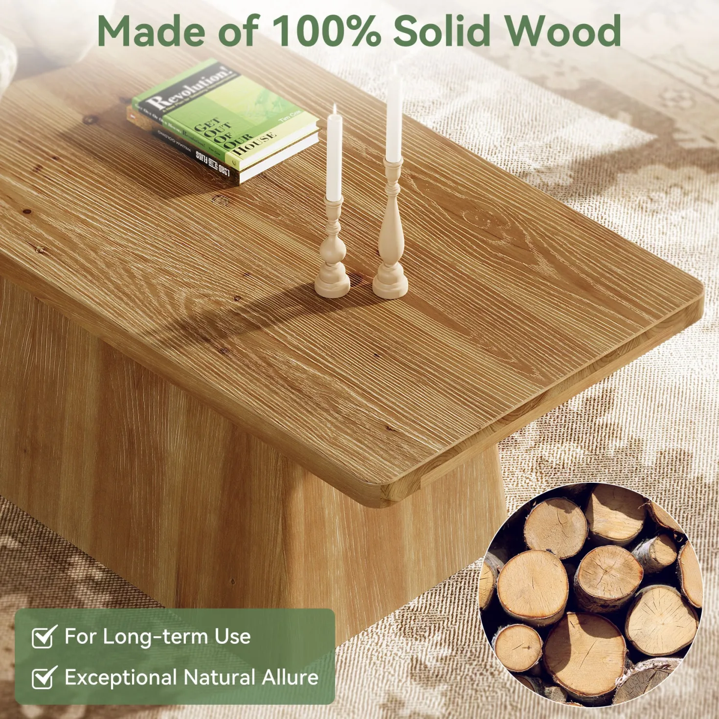 47" Wood Coffee Table, Farmhouse Center Table Tea Table with Sturdy Pedestal