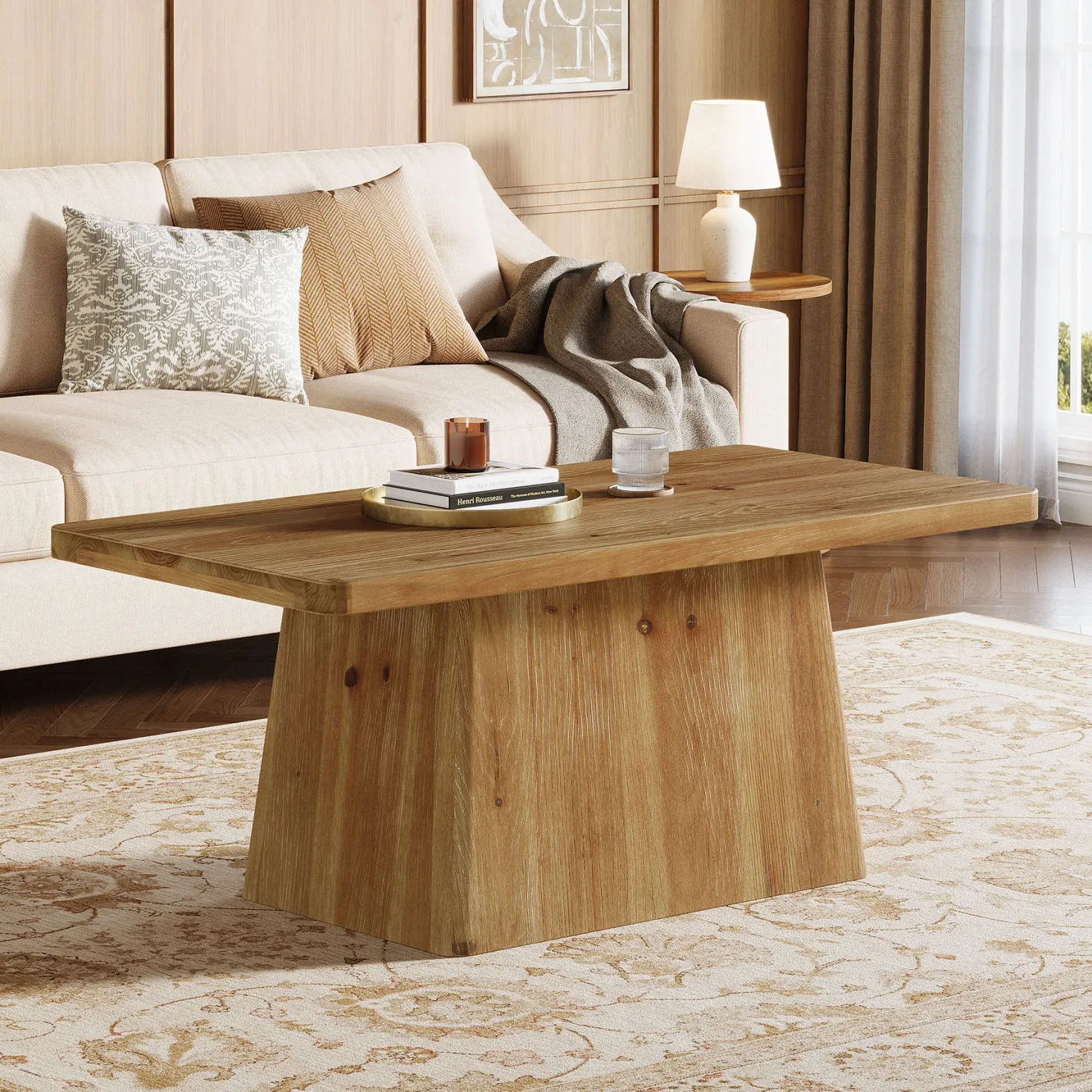 47" Wood Coffee Table, Farmhouse Center Table Tea Table with Sturdy Pedestal