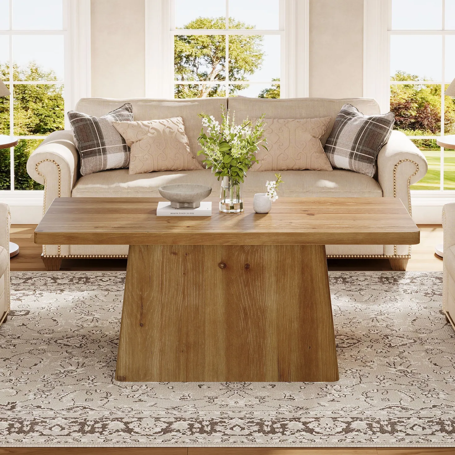 47" Wood Coffee Table, Farmhouse Center Table Tea Table with Sturdy Pedestal