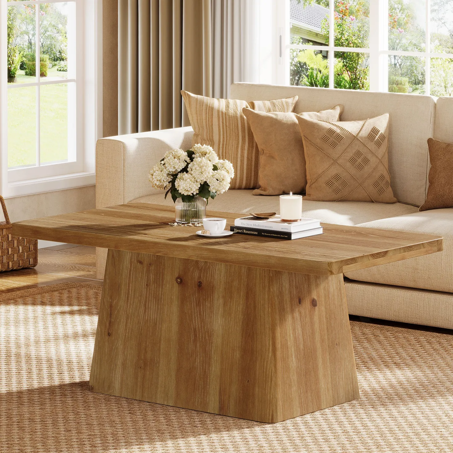 47" Wood Coffee Table, Farmhouse Center Table Tea Table with Sturdy Pedestal