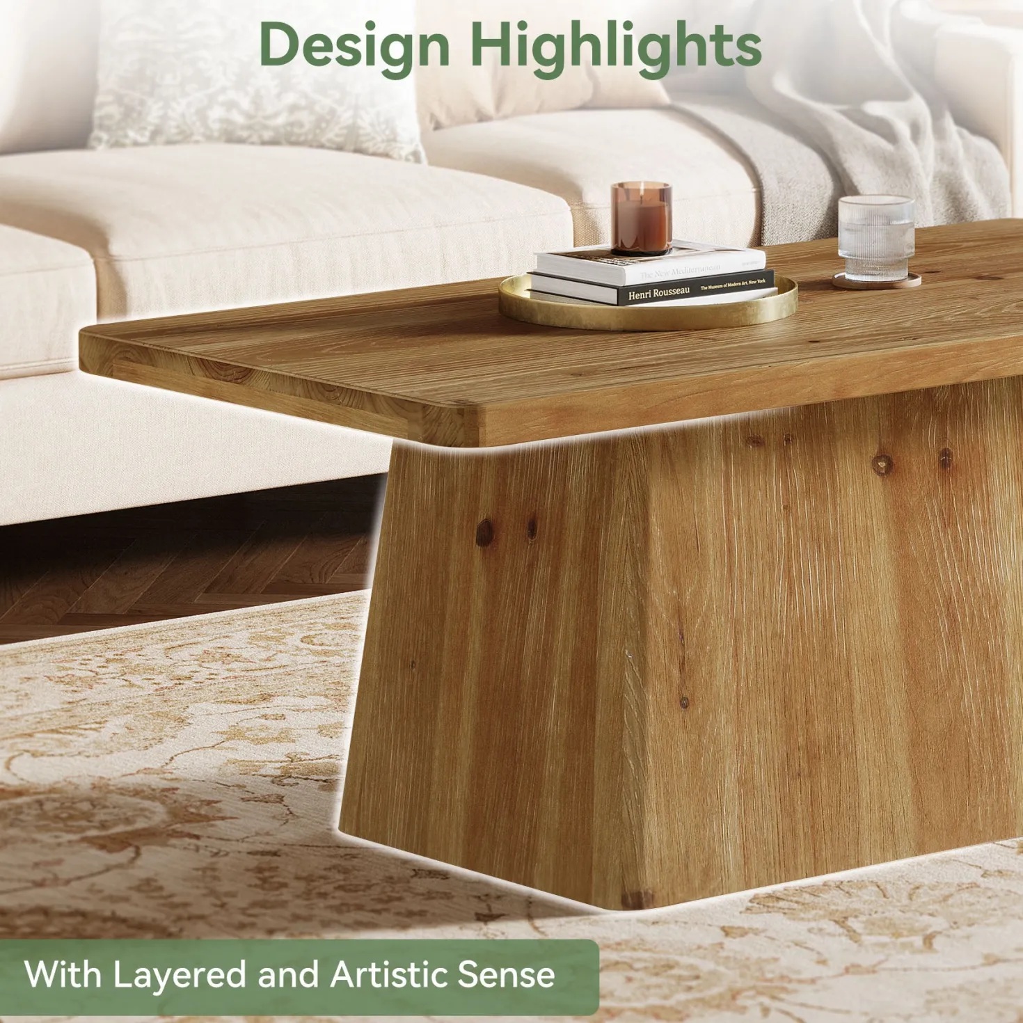 47" Wood Coffee Table, Farmhouse Center Table Tea Table with Sturdy Pedestal