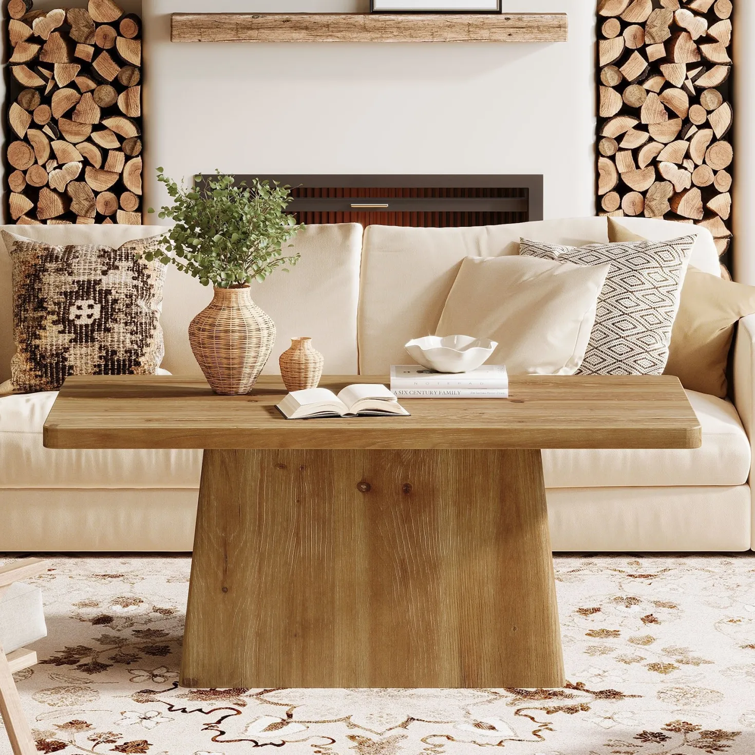 47" Wood Coffee Table, Farmhouse Center Table Tea Table with Sturdy Pedestal
