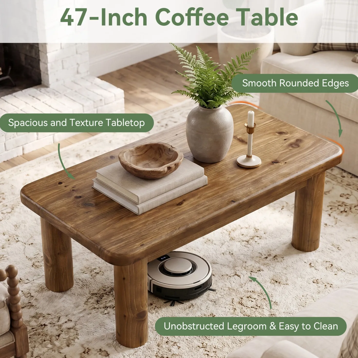 47" Wood Coffee Table, Solid Rectangular Center Table for Living Room