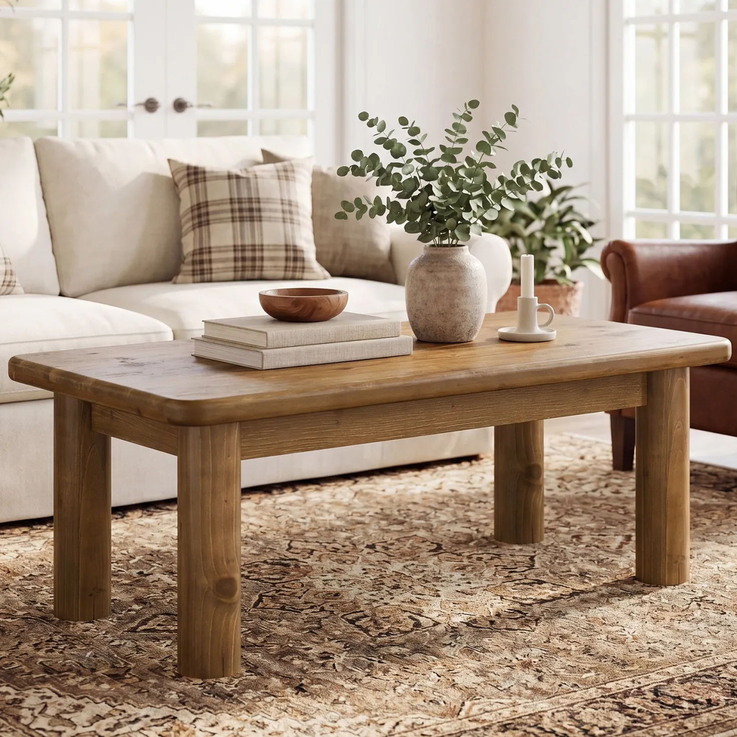 47" Wood Coffee Table, Solid Rectangular Center Table for Living Room
