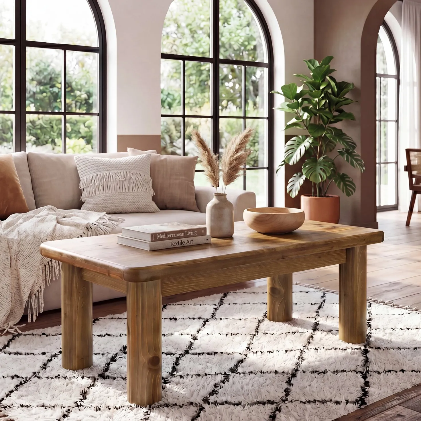 47" Wood Coffee Table, Solid Rectangular Center Table for Living Room