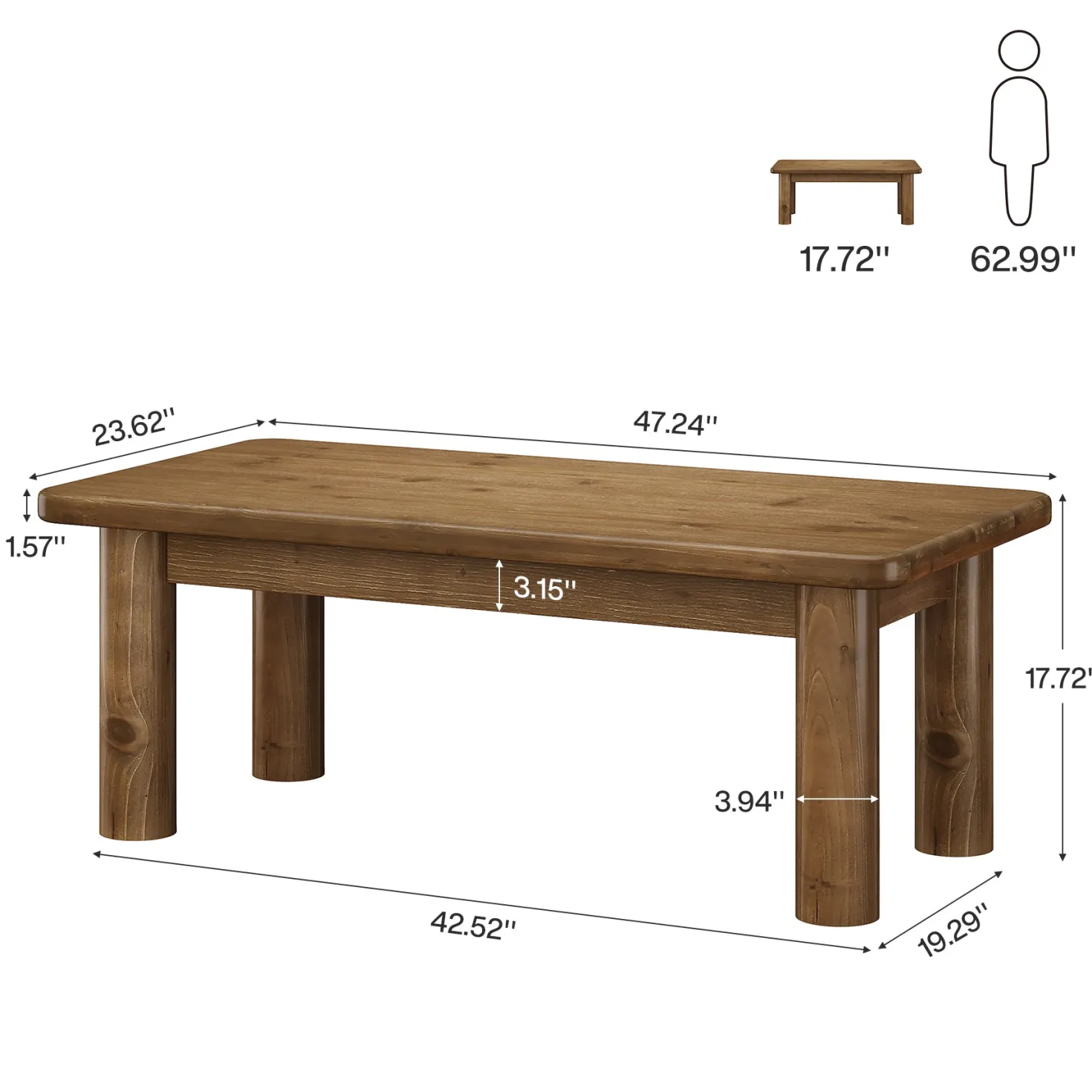 47" Wood Coffee Table, Solid Rectangular Center Table for Living Room
