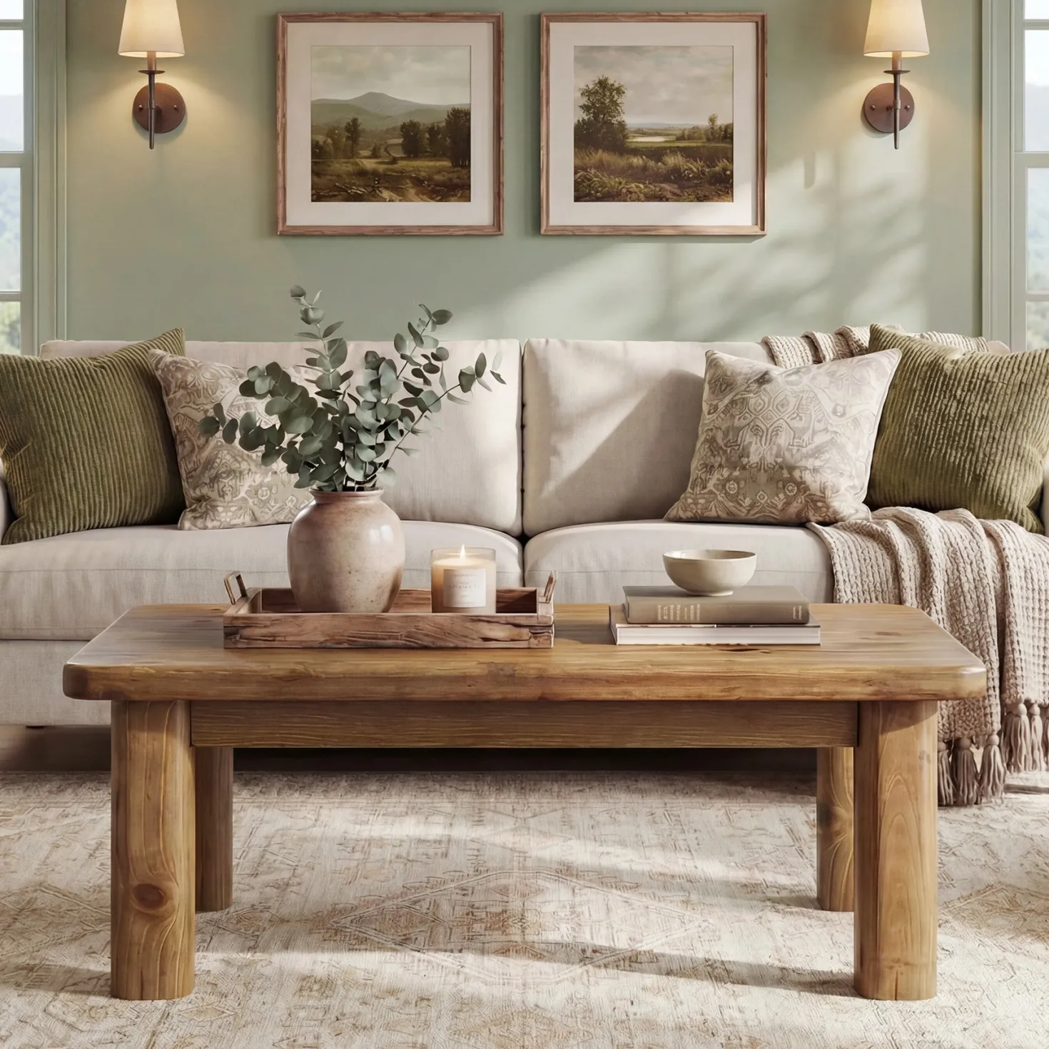 47" Wood Coffee Table, Solid Rectangular Center Table for Living Room